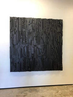 Black monochromatic, Nevlson-like, wall sculpture, wood assemblage
