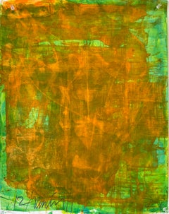 Small, Work on Paper, Neon Green, Orange, Abstract, Brushstrokes