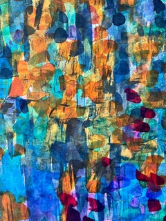 Large, Drawing, Color, Flowers, Purple, Blue, Green Orange, Watercolor