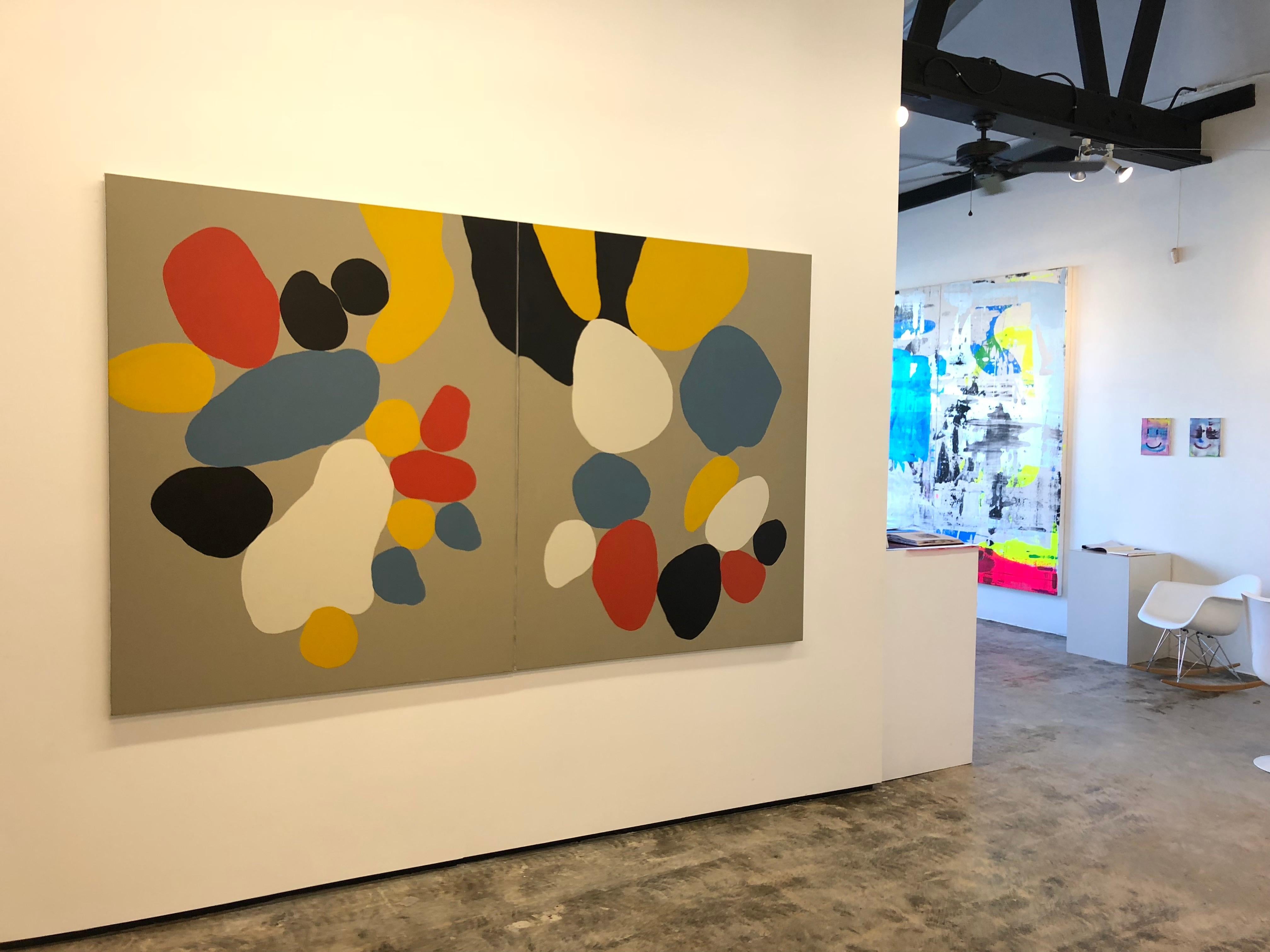 Olive, abstract, red, blue and yellow, diptych, black and white, gray, colorful - Painting by John Luckett