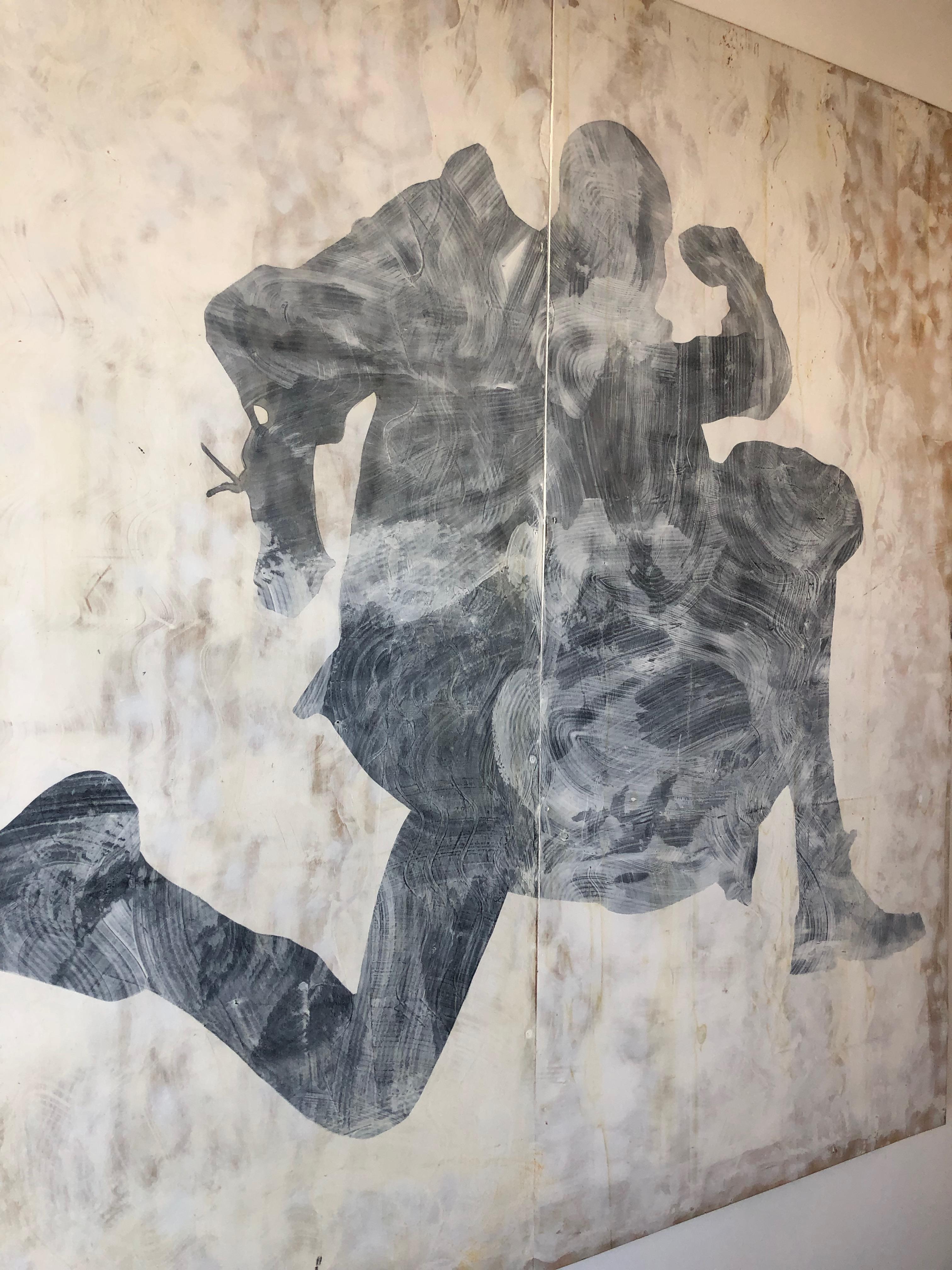 Untitled figurative, black and white, tan, running, painting, large - Abstract Painting by Tony Brown