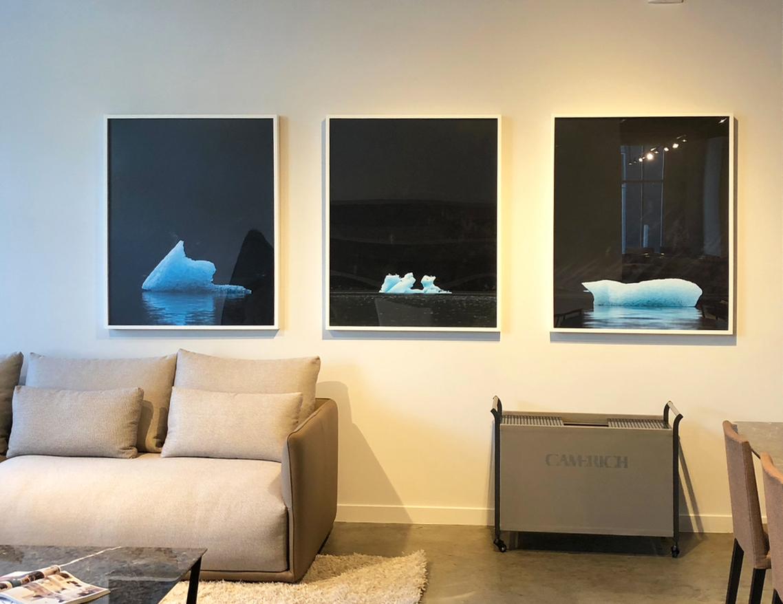 Keegan Gibbs Landscape Print - Iceburg, Photography, Land, Ocean, Black, Image, Triptych, Water, Blue