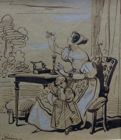 Antique Achille Devéria (1800-1859) The Stamped Letter, Original Drawing