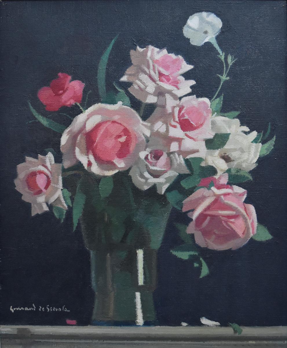 Lucien-Victor Guirand de Scévola Still-Life Painting -  Guirand de Scevola  (1871-1950) Vase of roses on a black background, 1944 