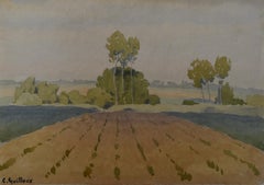 Charles-Victor Guilloux (1866-1946)  Paisaje con álamos  Acuarela