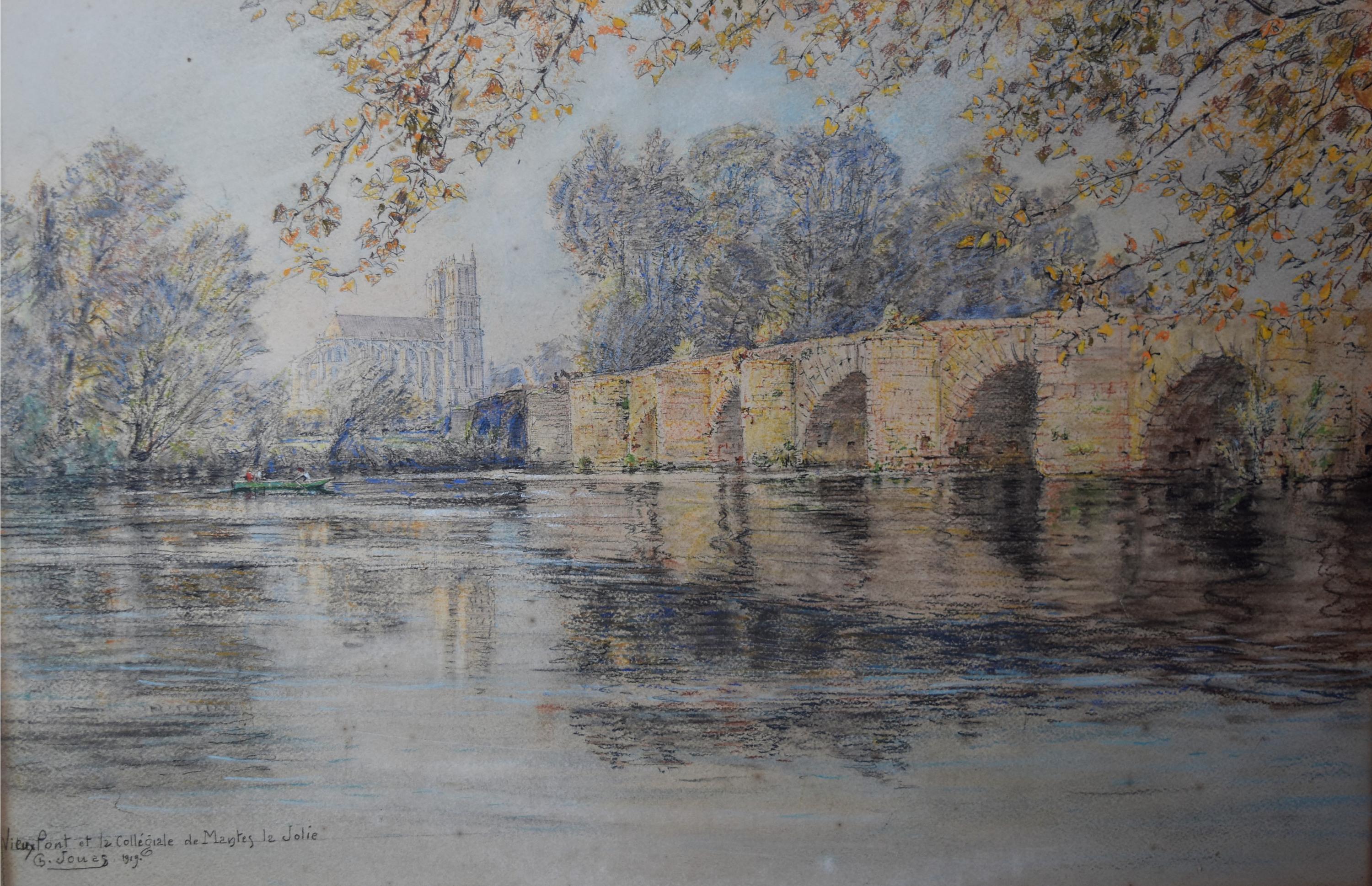 Charles Jouas (1866-1942) 
View of the old bridge and the Collegiate Church of Mantes La Jolie 
Pastel and colored pencils on paper 
Signed, dated and titled on the lower left 
31 x 46.5 cm 
Modern framing : 43 x 60 cm

Charles Jouas (1866-1942) was