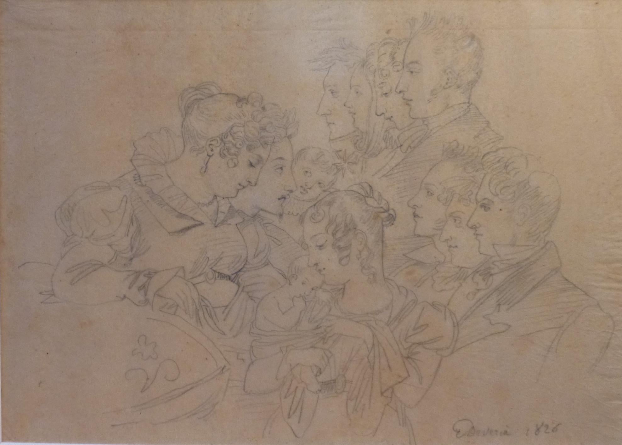 Eugne Devria (1805-1865) Familienporträt, 1826  Zeichnung – Art von Eugene Deveria