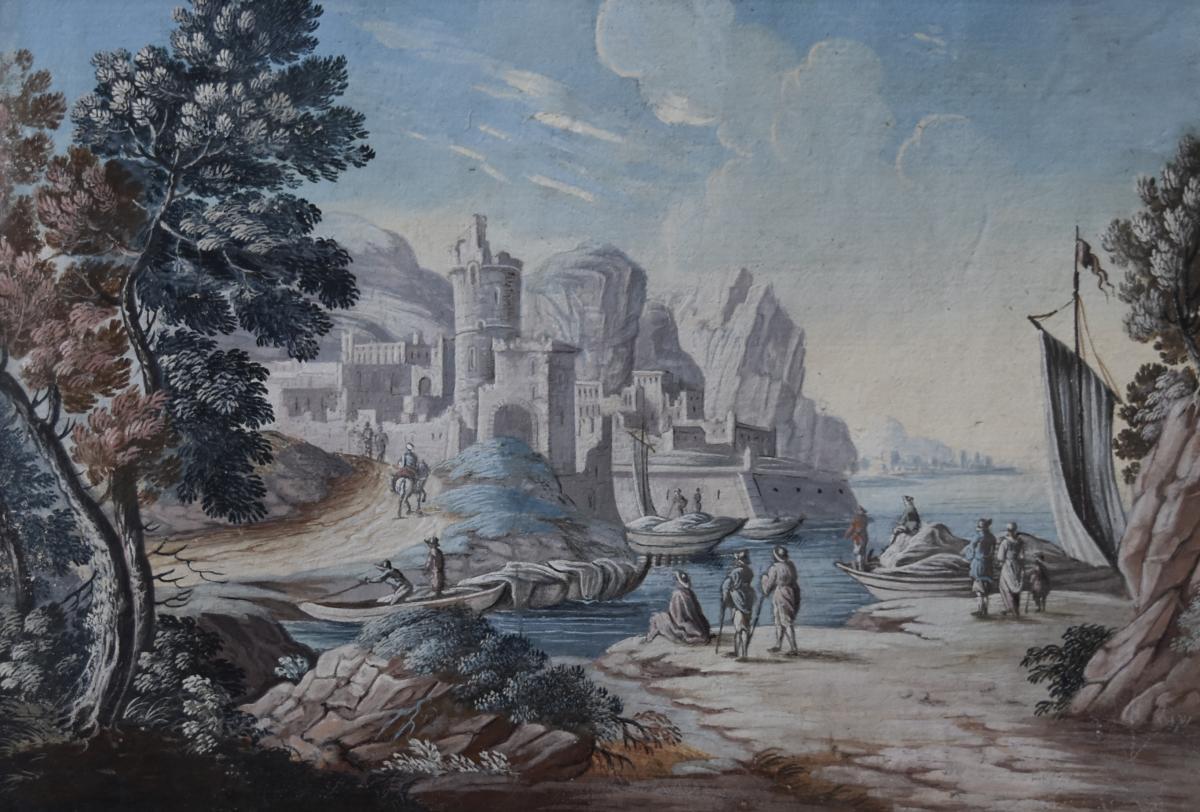 Unknown Landscape Art - French School late 18th Century, Imaginary landscape  Gouache and watercolor