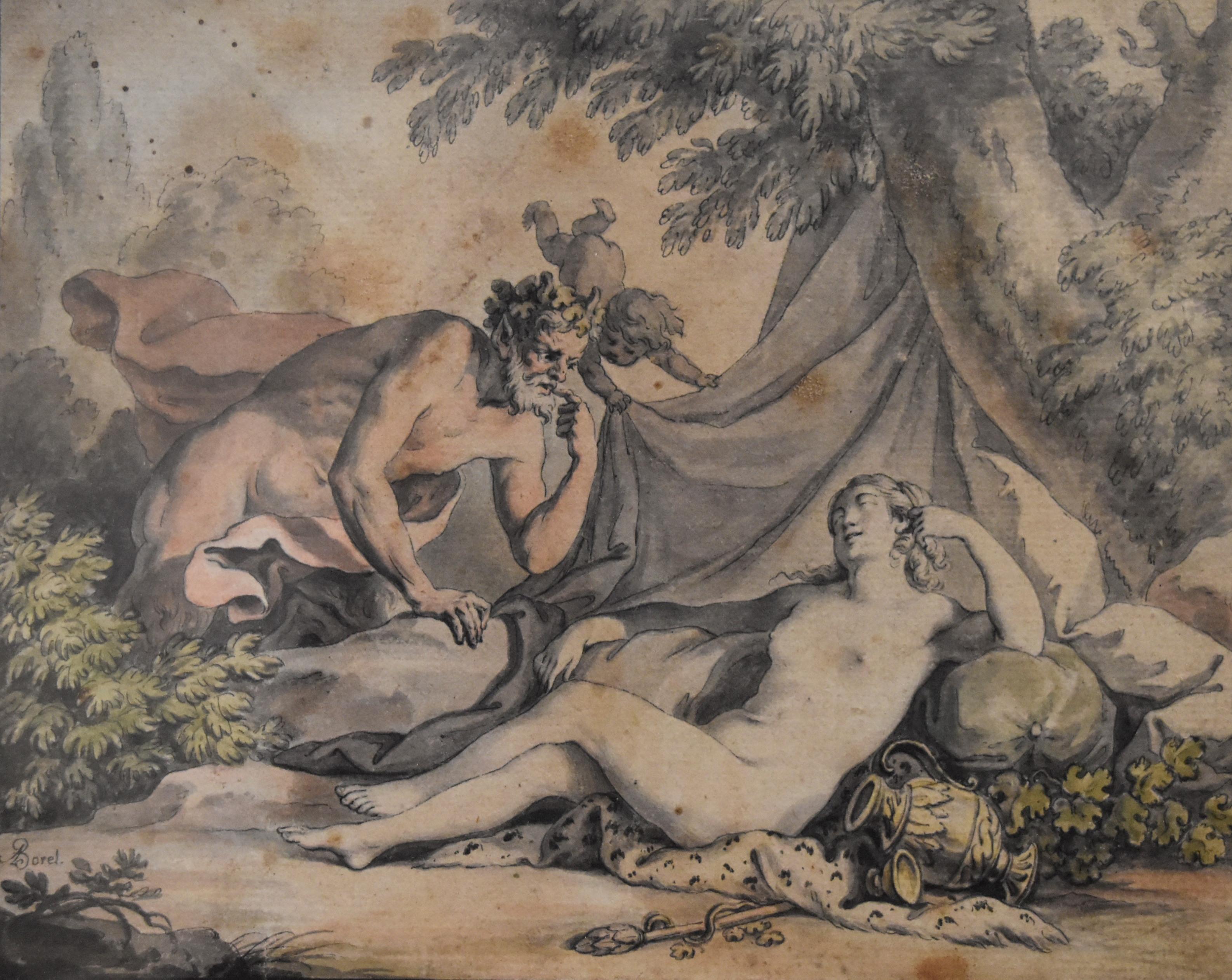 Antoine Borel (1743-1810)
A sleeping Nymph and a Satyr
Signed lower left 
Watercolor on paper
13 x 16.5 cm
Stains and foxings, yellowed (as visible in the pictures)
Framed : 25 x 28 cm. Old framing with losses in the mould, it needs to be changed or