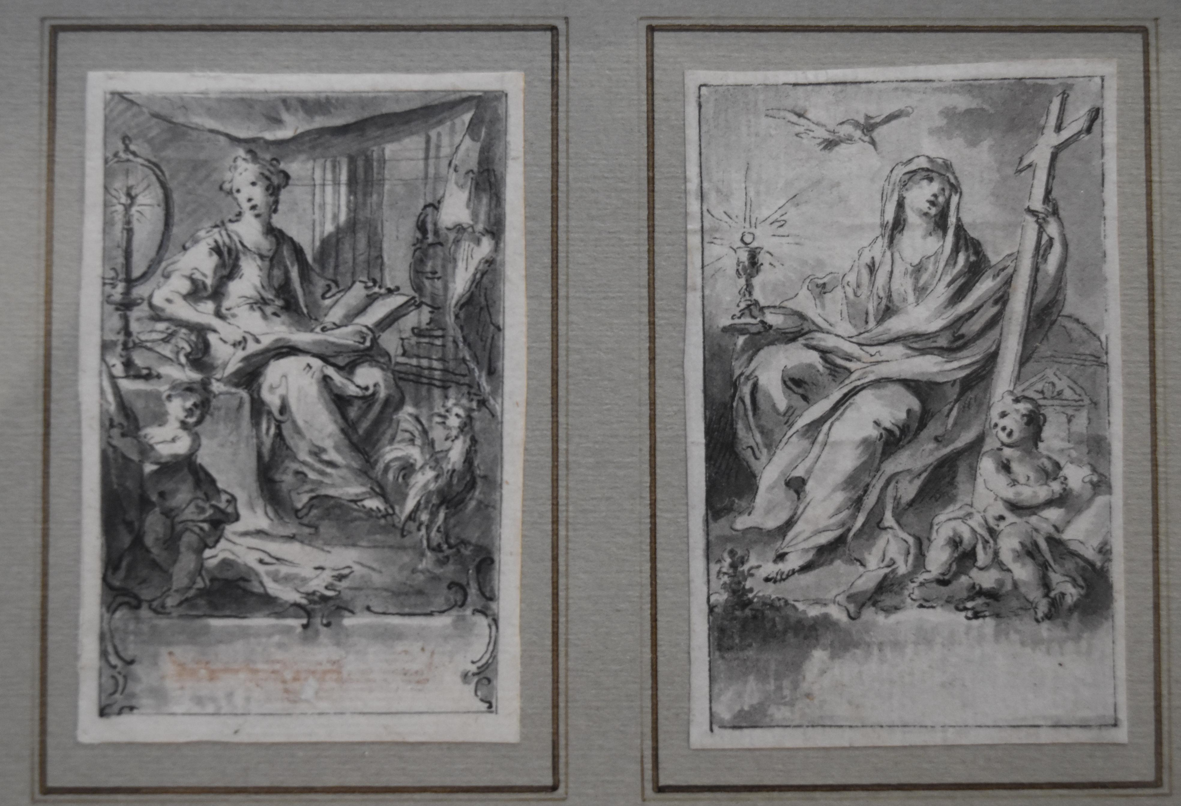 H F Gravelot (1699-1773)  Two Allegories, Faith and Vigilance, Pen and Ink