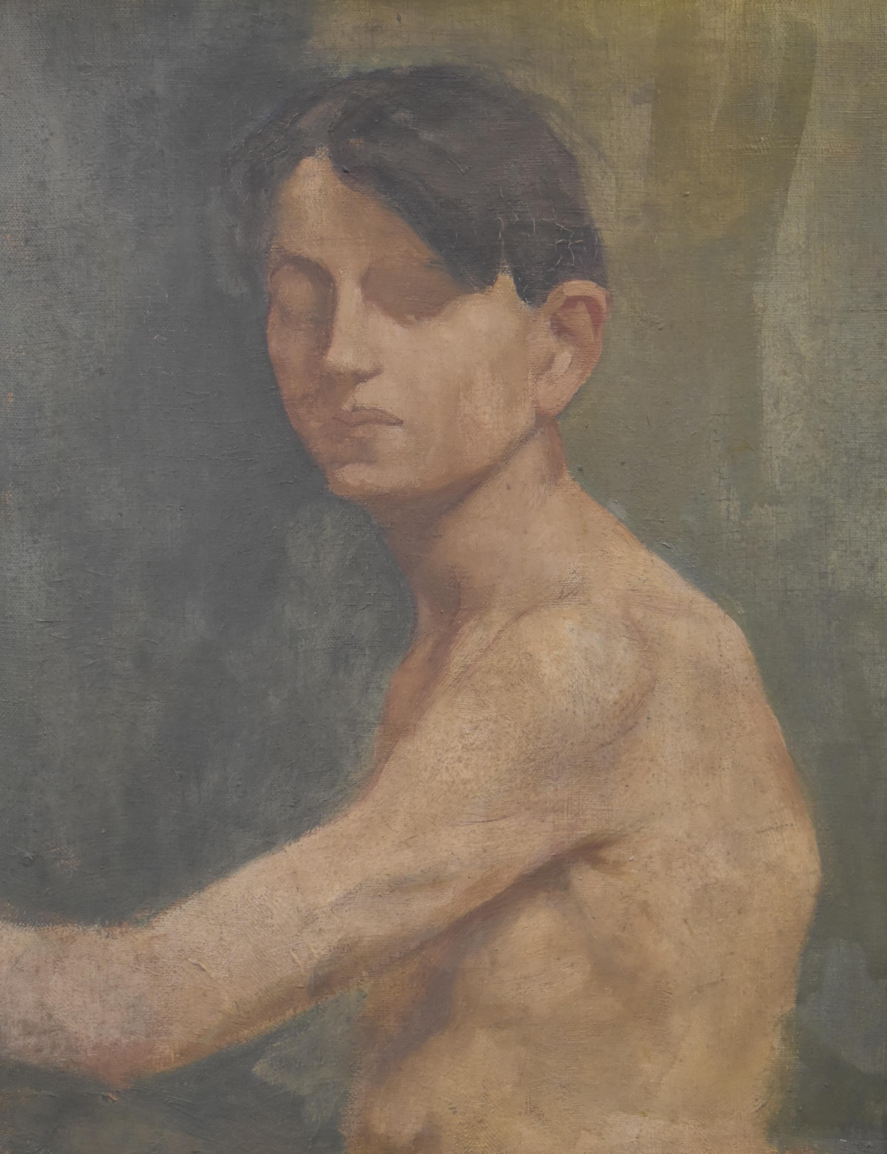 Roger Mouly (Painter and sculptor) 
Young man half-length, painted sketch 
On the reverse, Still life with a Buddha 
Oil on canvas painted both sides
Signed and dayed 1938 (?) on the reverse bottom right 
55 x 46 cm 
Framed  71 x 61 cm