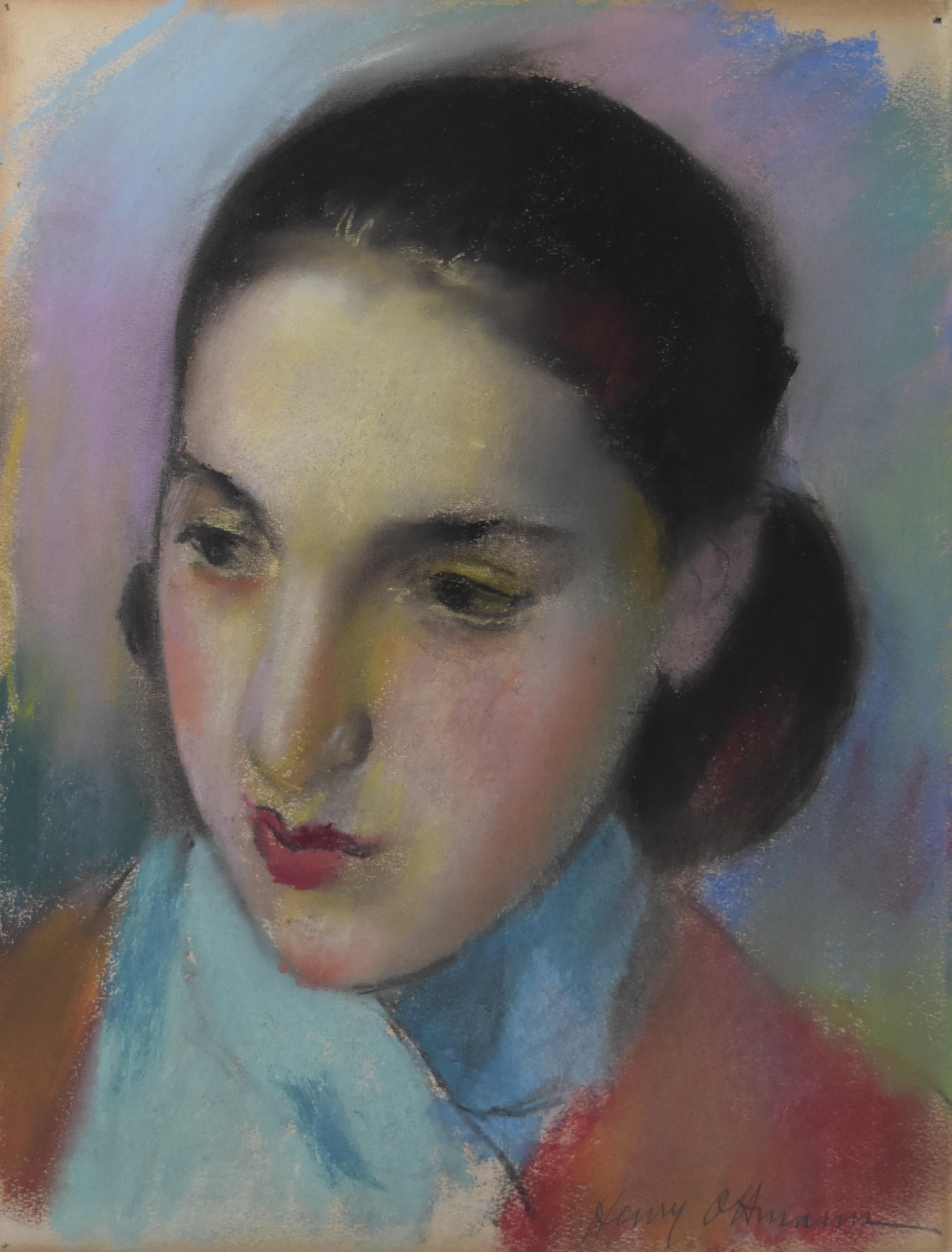 Henri OTTMANN  Figurative Art - Henri Ottman (1877-1927) , A Young Girl in red and blue,  pastel