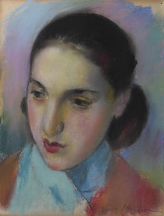 Henri Ottman (1877-1927) , A Young Girl in red and blue,  pastel