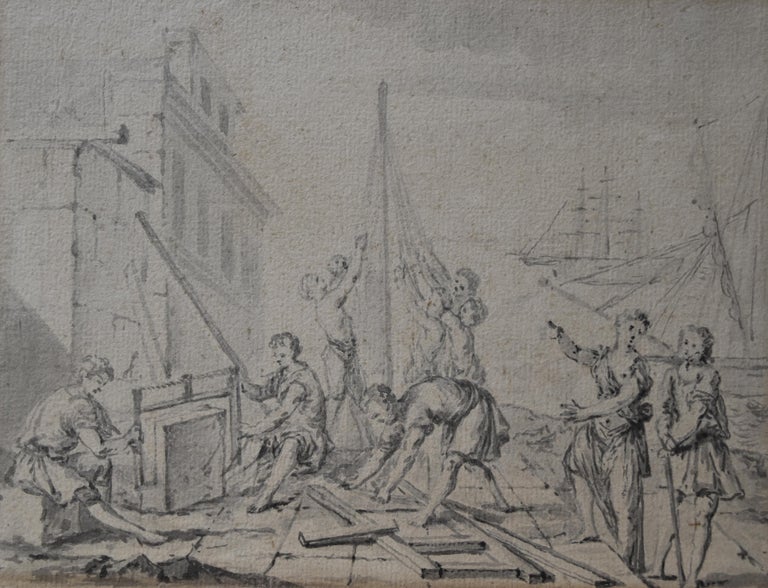 Unknown Figurative Art - French School Of The 18th century, An Ancient Shipyard, Drawing