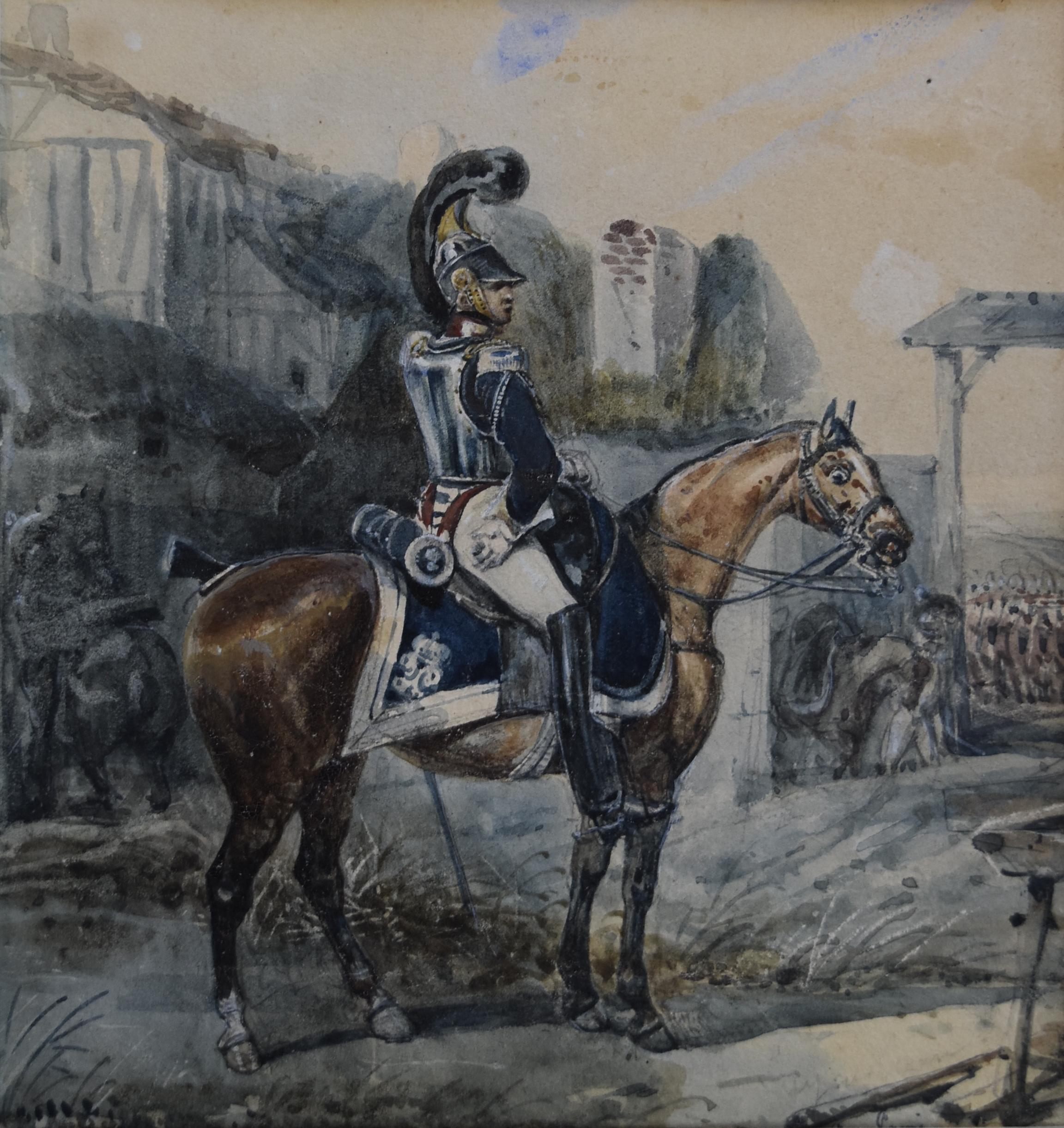 Unknown Portrait - Attributed to Eugene Lami, a Hussar on his horse, watercolor