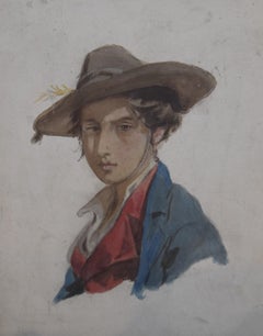 Antique Attributed To Isidore Pils (1813-1875) Portrait Of Young Man, Watercolor