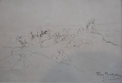 Rosa Bonheur (1822-1899) A Sheperd and his flock, ink drawing