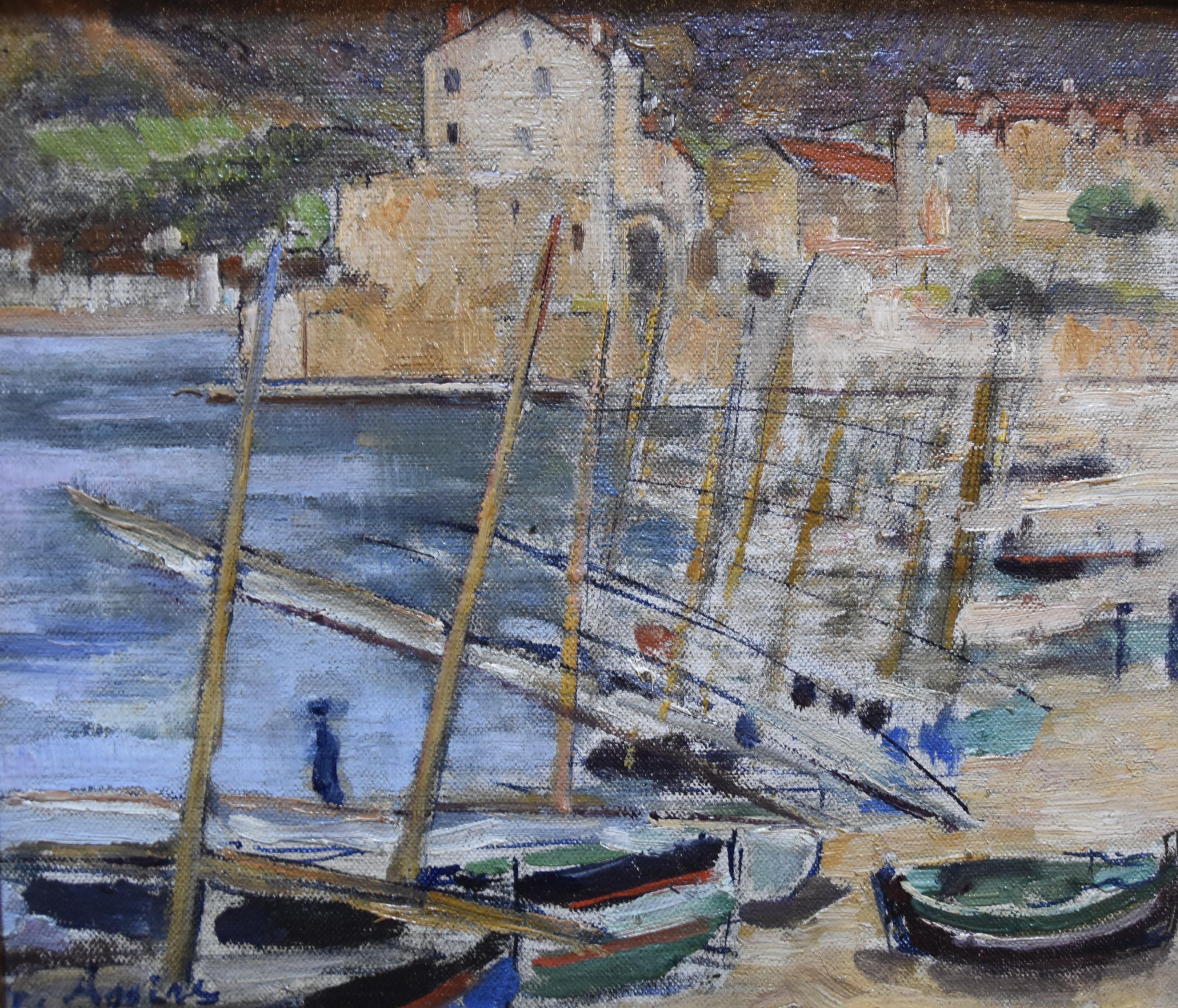 Gustave Assire (1870-1941) 
Boats in the Port of Colllioure
oil on panel
22 x 25.5 cm
Signed lower left
In a modern frame : 35 x 38.5 cm
 
The port of Collioure has inspired numerous paintings but mainly the Fauve painters such as André Derain and