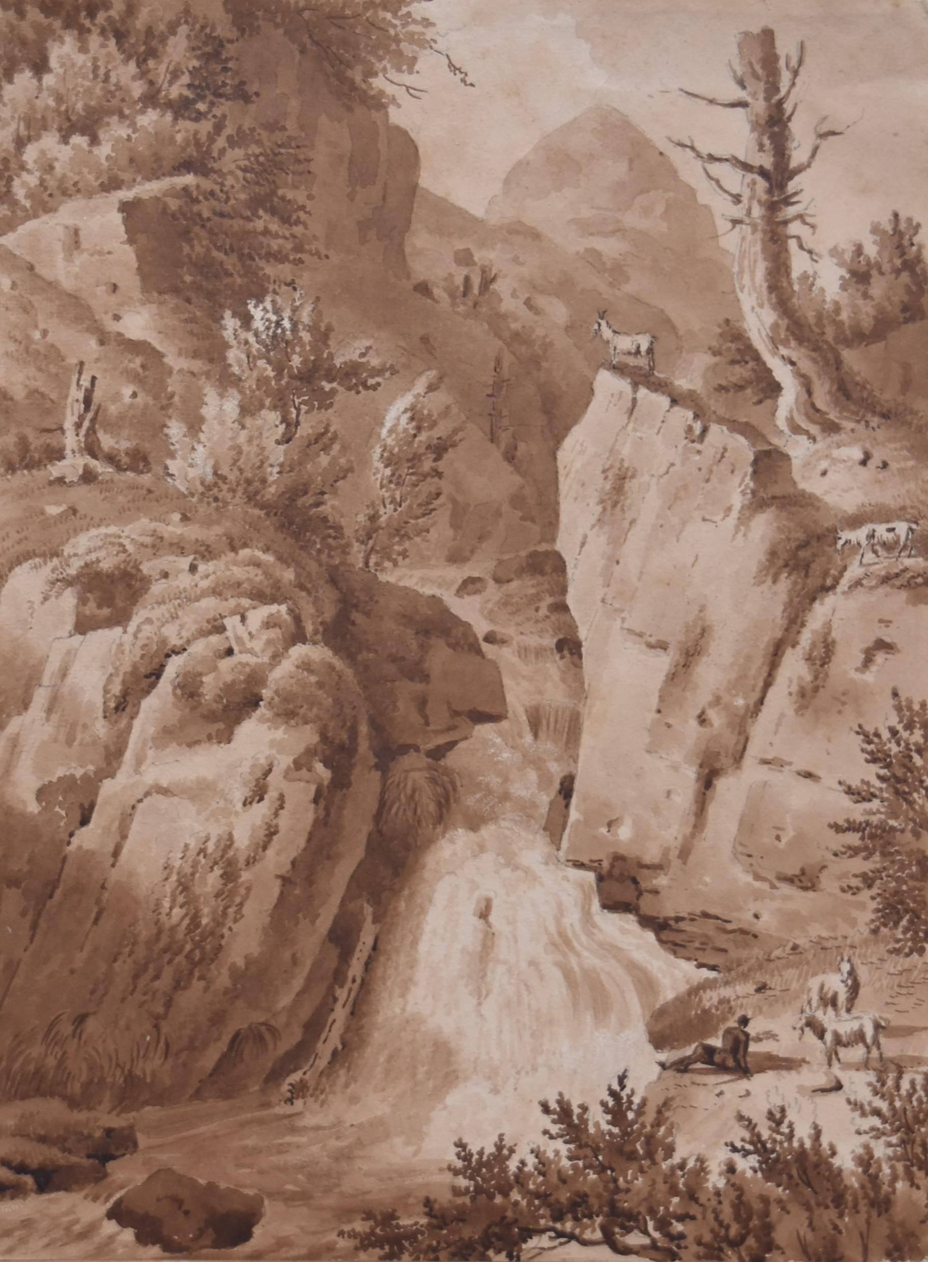 Unknown Landscape Art - France early 19th Century, A waterfall landscape , original drawing