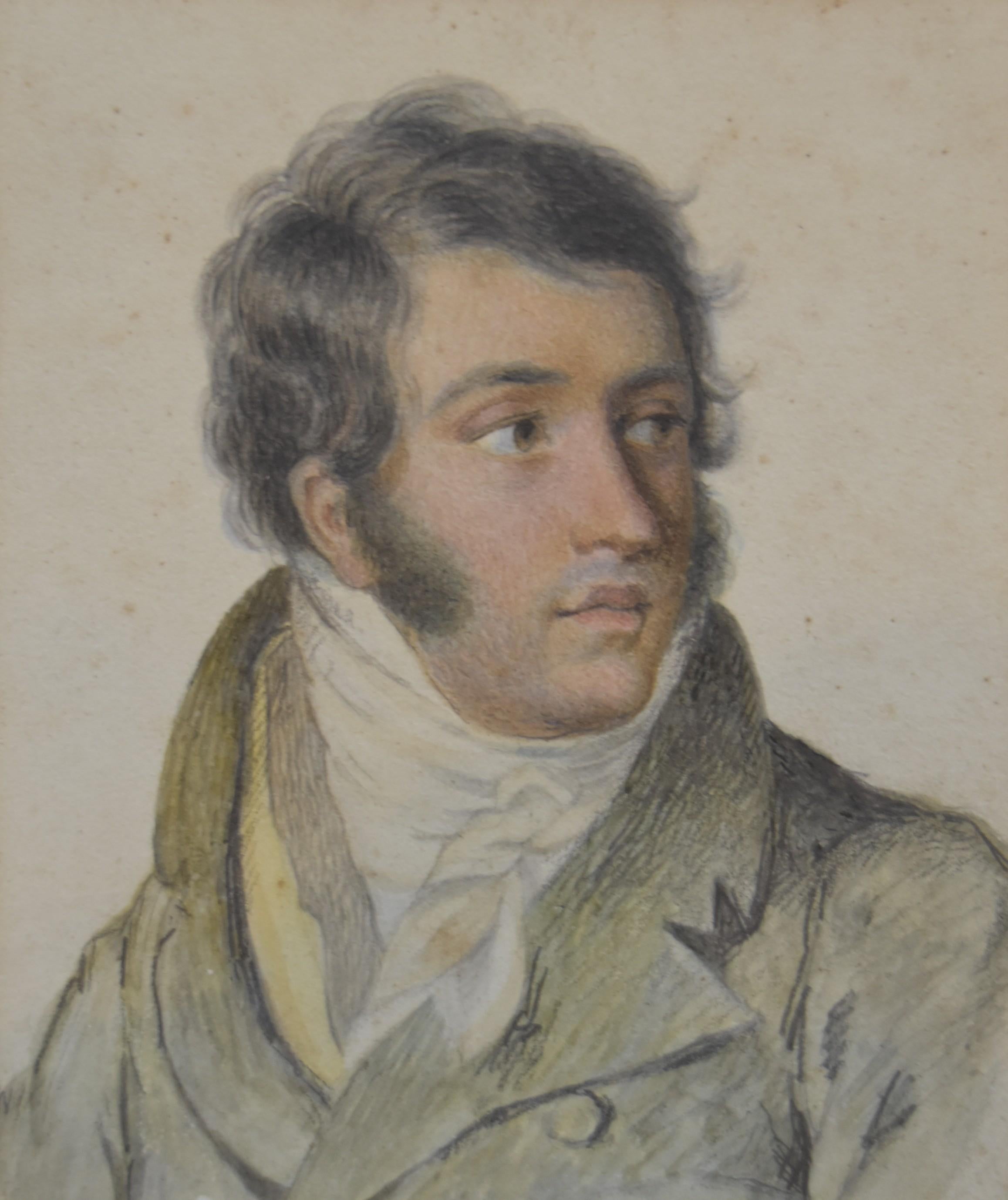 France, circa 1820, Portrait d'un gentleman, dessin à la craie noire et au pastel