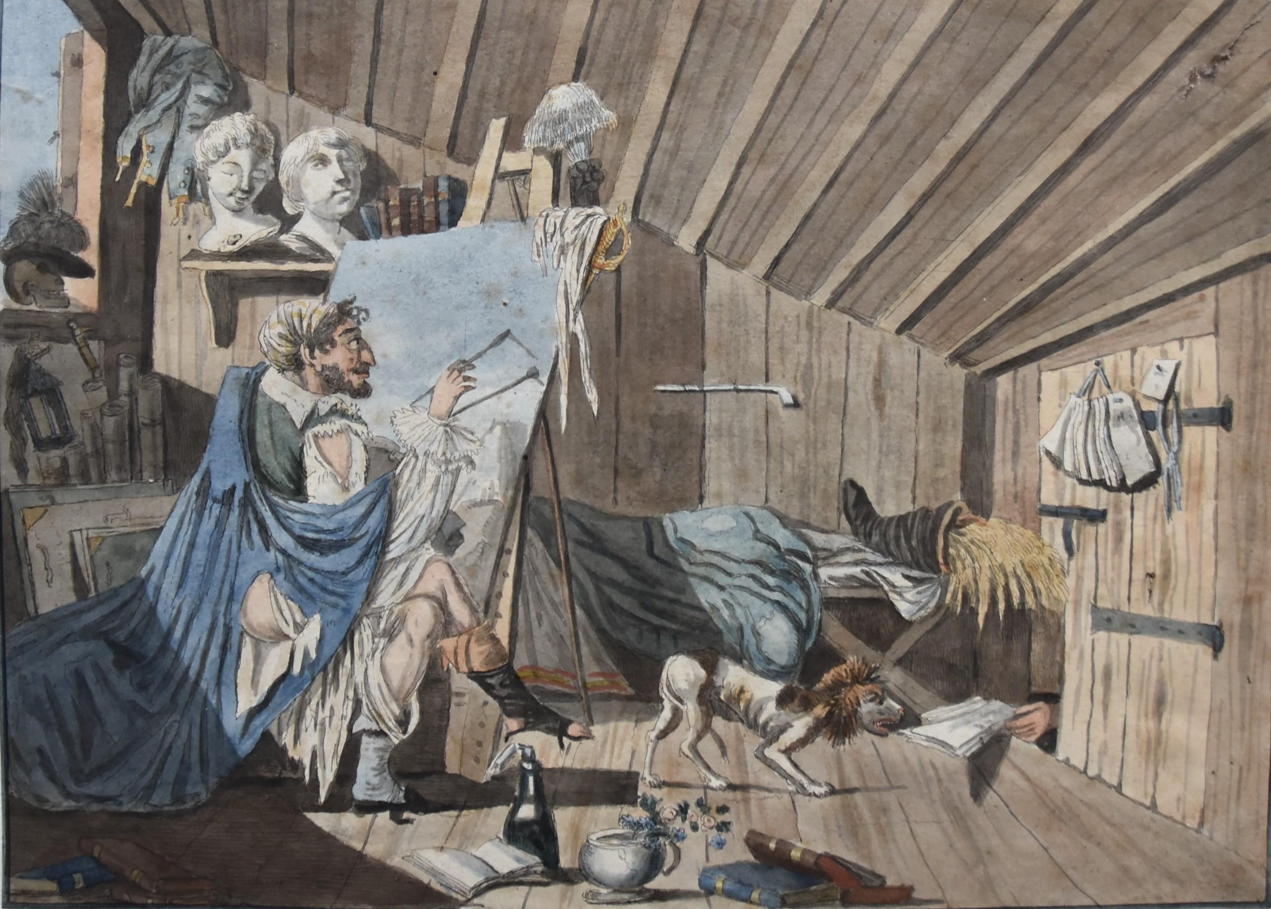 France 19th century, The Bohème artist in his workshop, watercolor