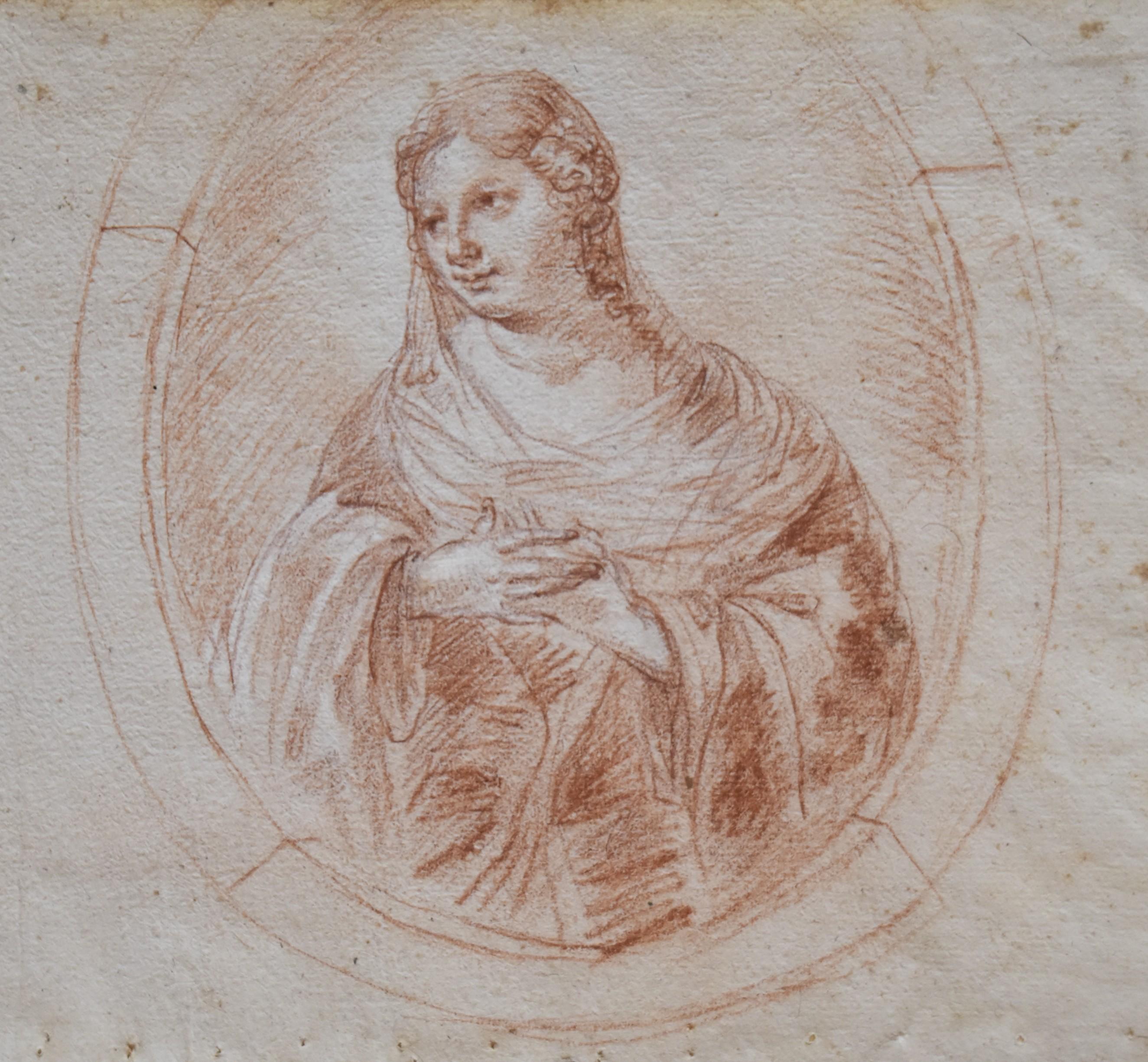 18th Century, Portrait of a Lady in a Tondo, red chalk drawing