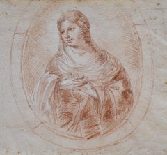 Siglo XVIII, Retrato de una dama en un tondo, dibujo a la tiza roja