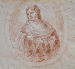 Portrait d'une femme dans un Tondo du 18ème siècle, dessin à la craie rouge