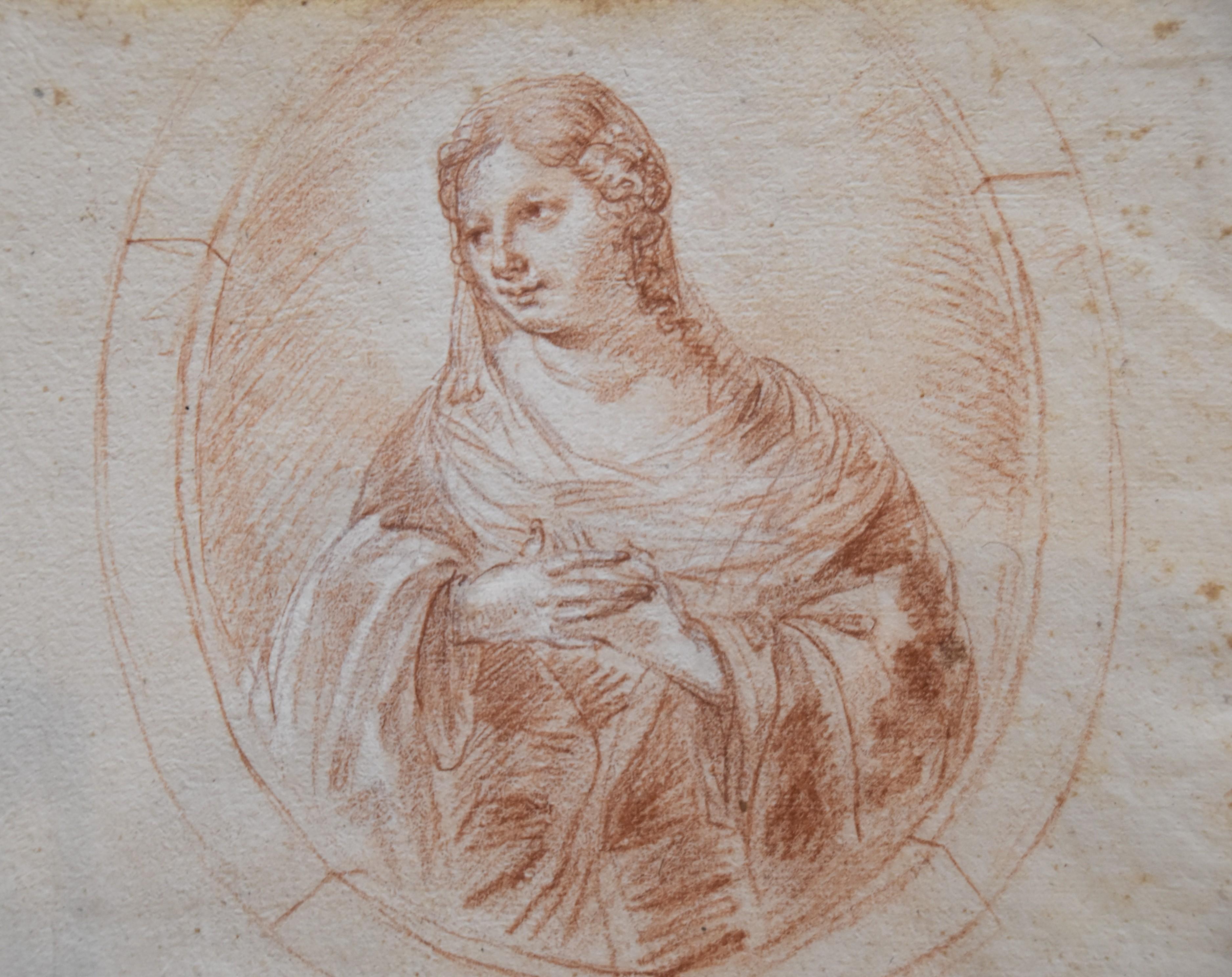 Portrait d'une femme dans un Tondo du 18ème siècle, dessin à la craie rouge - Baroque Art par Unknown