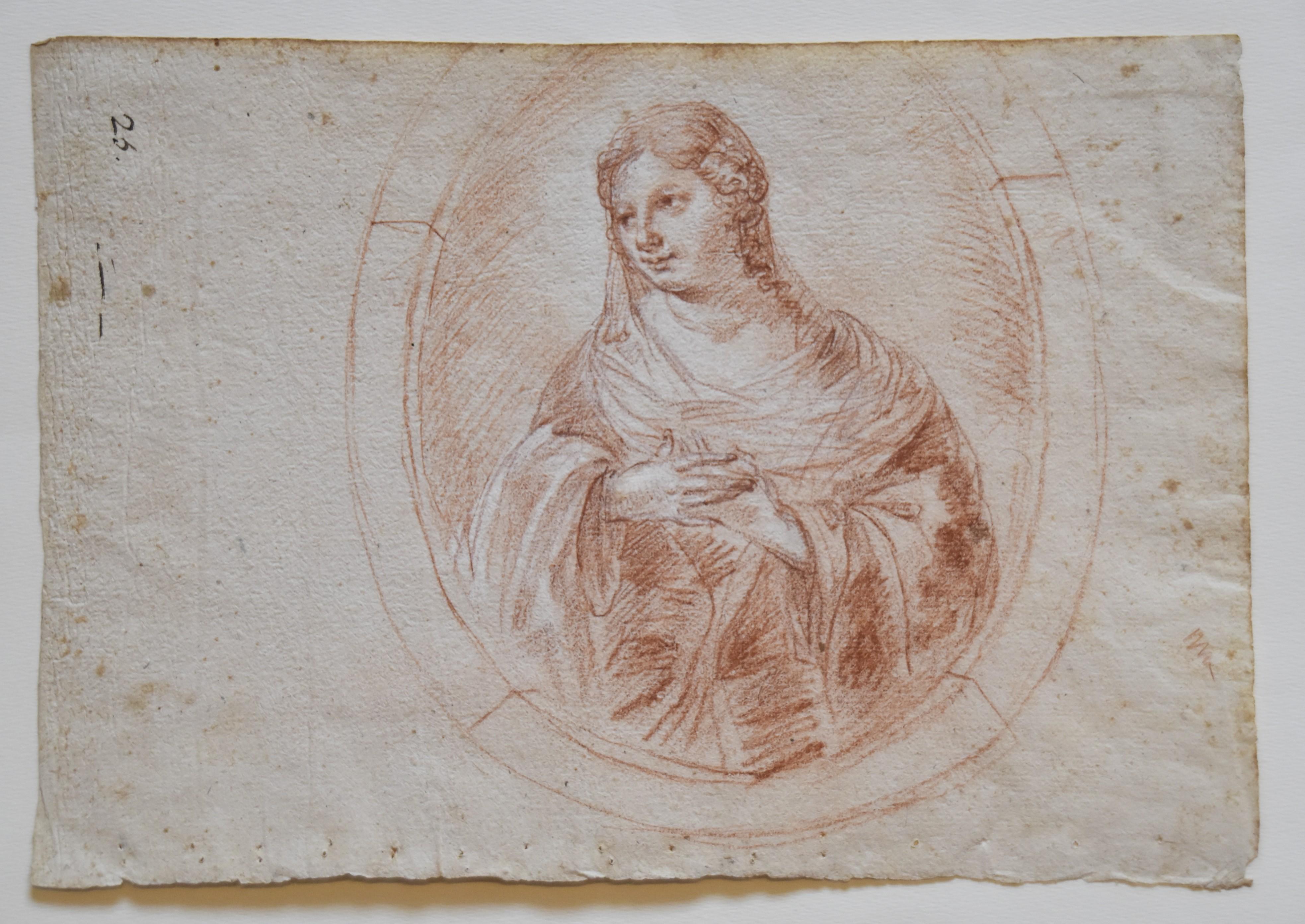Portrait d'une femme dans un Tondo du 18ème siècle, dessin à la craie rouge - Art de Unknown