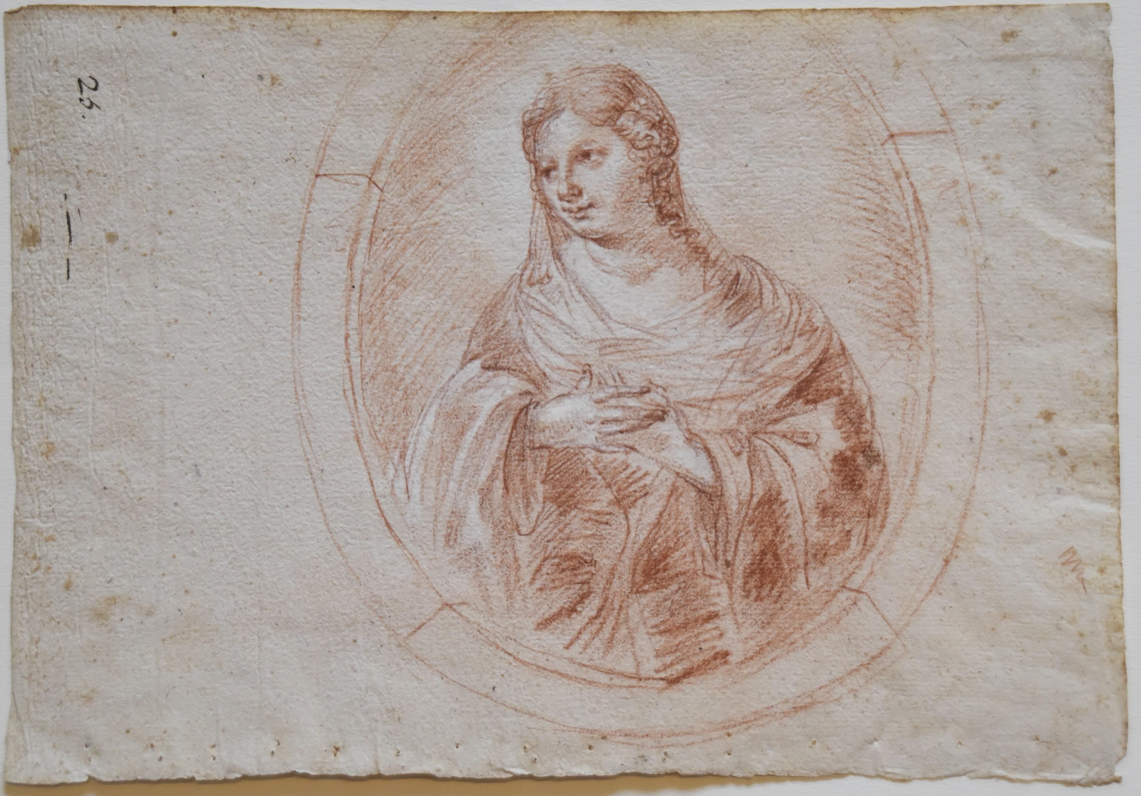 Portrait d'une femme dans un Tondo du 18ème siècle, dessin à la craie rouge - Marron Figurative Art par Unknown