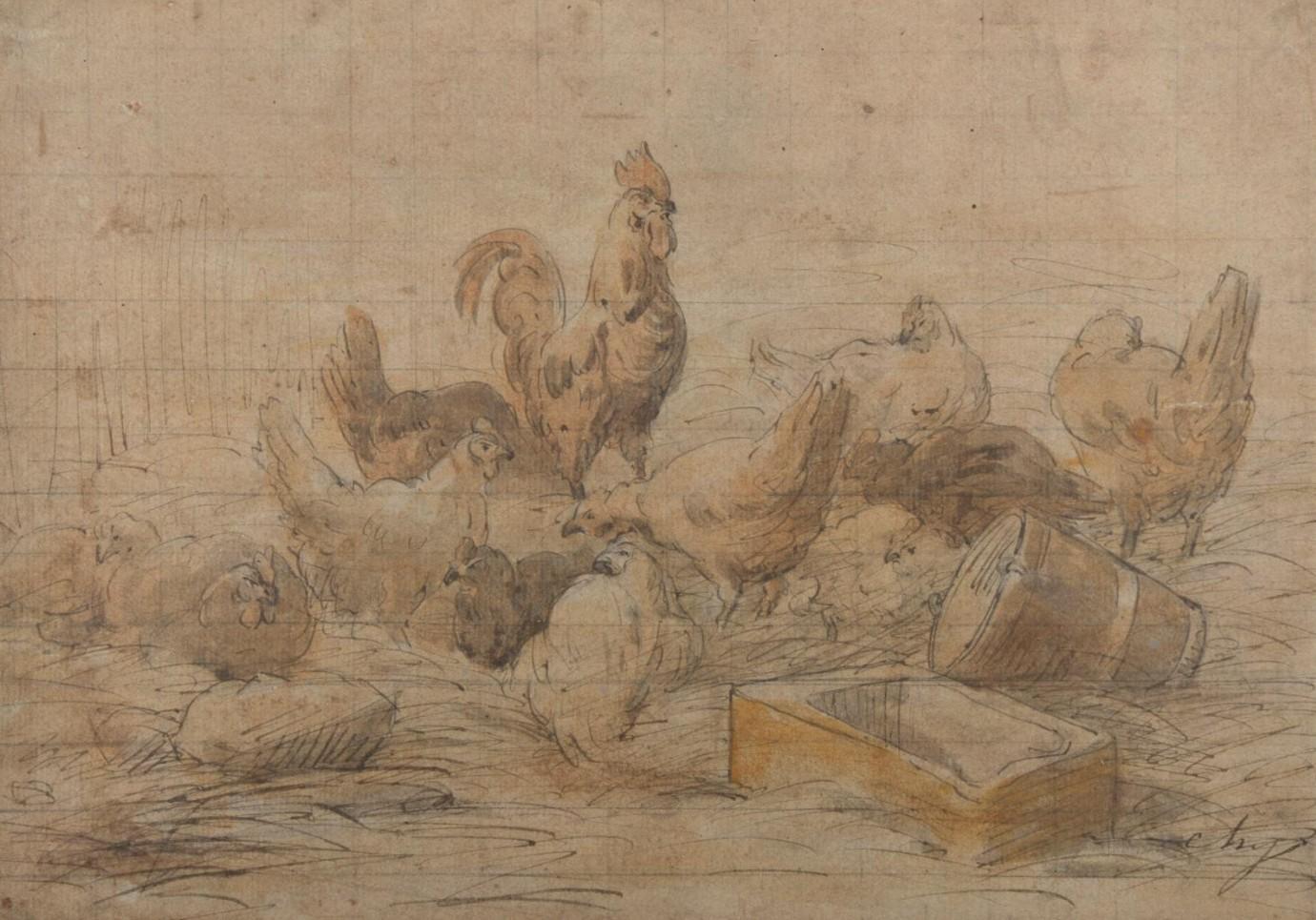 Charles Emile JACQUE (Paris 1813 - 1894) Hens and rooster, preparatory drawing - Art by Charles Jacque