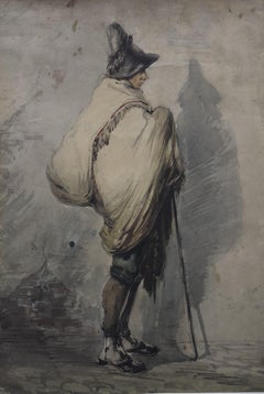 Antique Paul Gavarni (1804-1866) A Vagabond Traveler Watercolor 