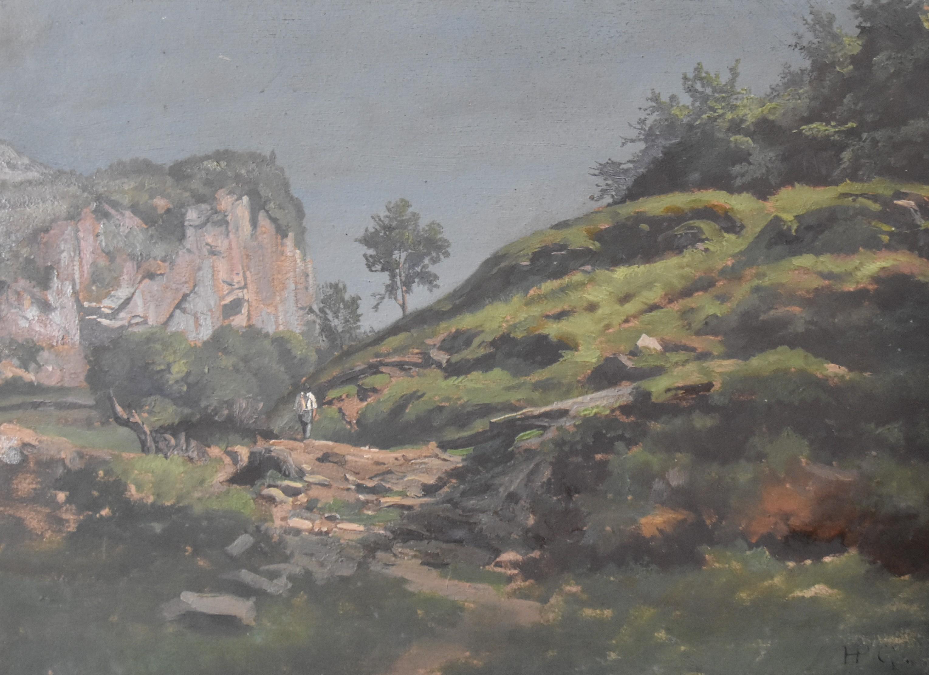 Jean-Philippe George-Julliard (1818 - 1888) Paesaggio con viaggiatore, olio