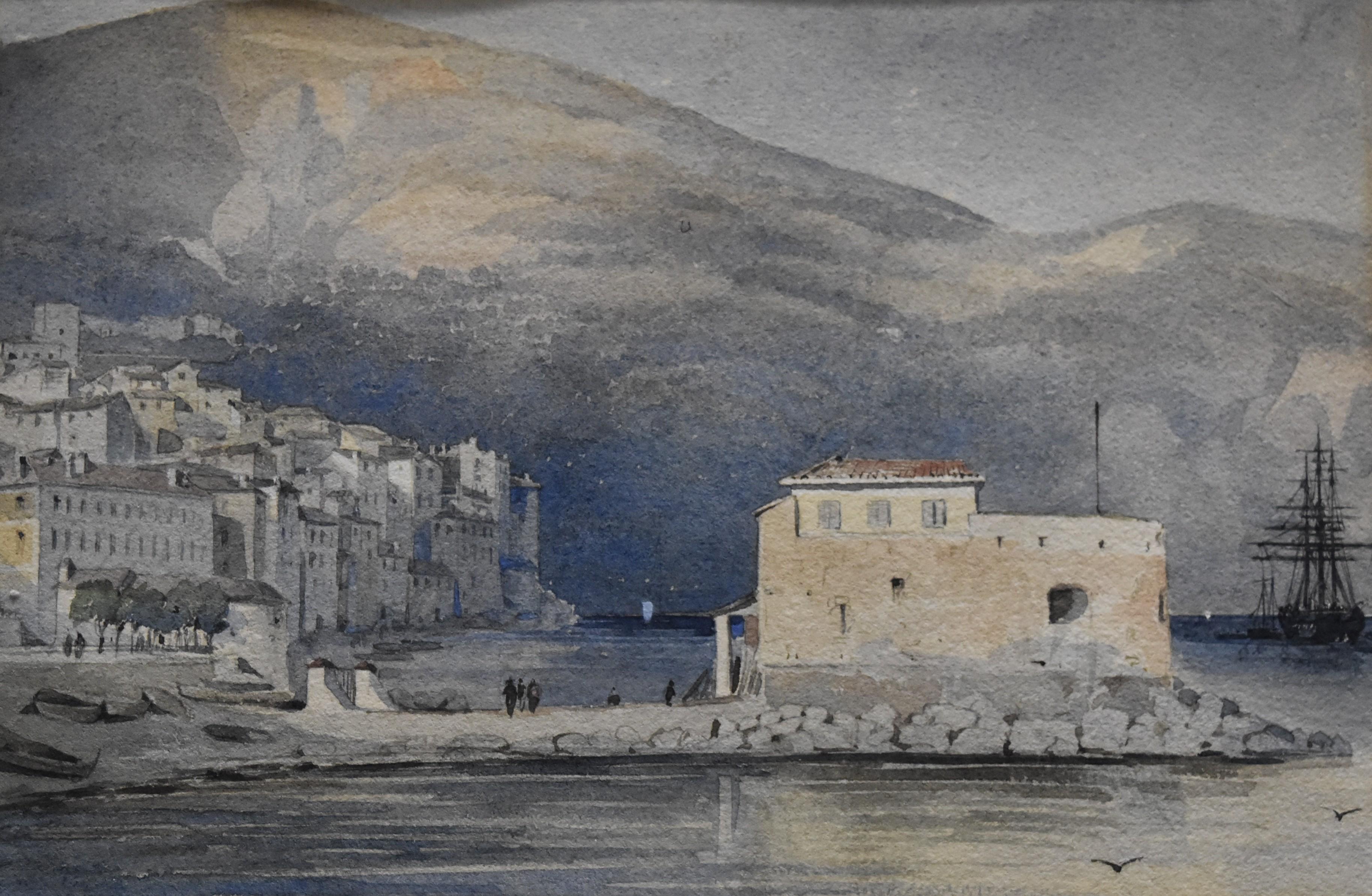 Unknown Figurative Art - 19th Century french school, Villefranche-sur Mer, the harbour, watercolor