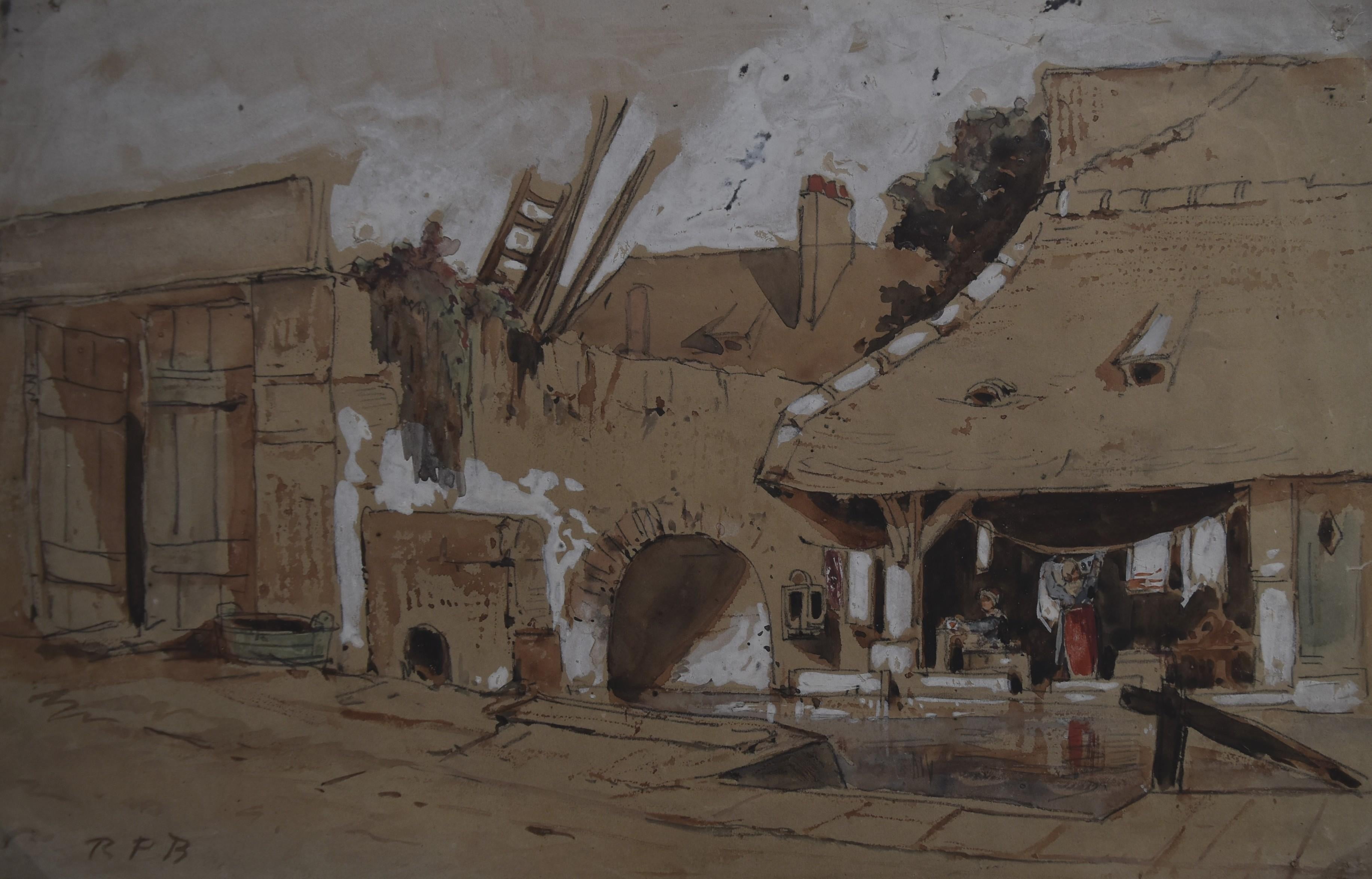 Scuola francese del XIX secolo, Le Lavoir (Il lavatoio), acquerello su carta,