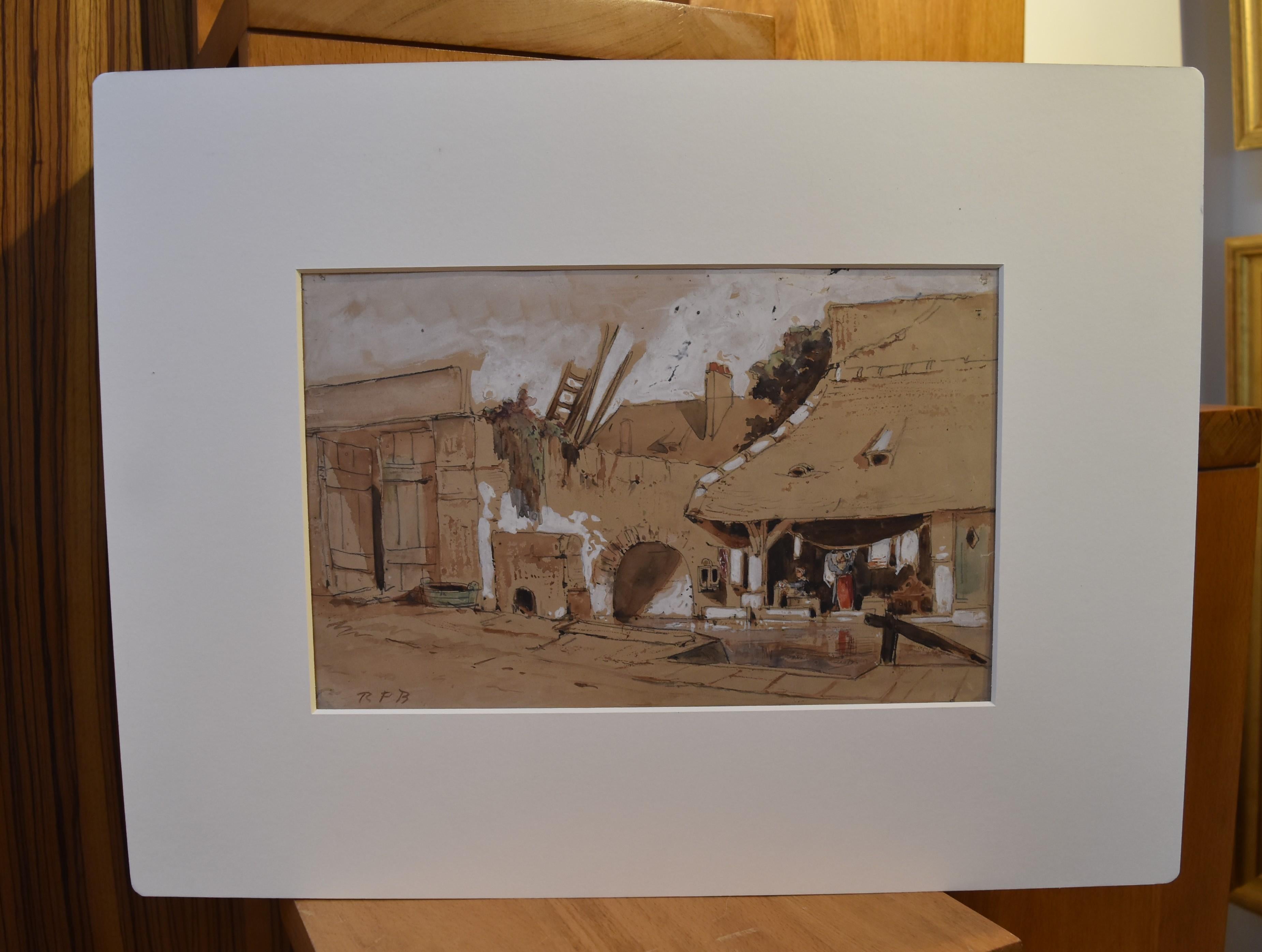 École française du XIXe siècle, Le Lavoir (Le coiffeur), aquarelle sur papier, - Noir Landscape Art par Unknown