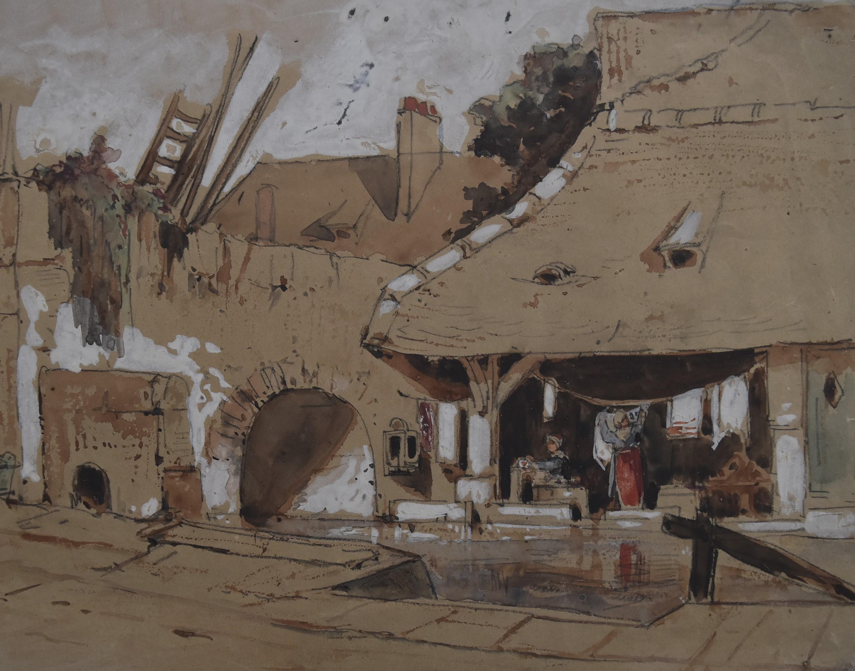 Escuela francesa, primera mitad del siglo XIX
Le Lavoir (El lavadero)
Acuarela y lápiz realzados con aguada blanca
Lleva un monograma R P B en la parte inferior izquierda
21,5 x 33,5 cm
Marca de coleccionista de Maurice Gobin en el reverso (Lugt