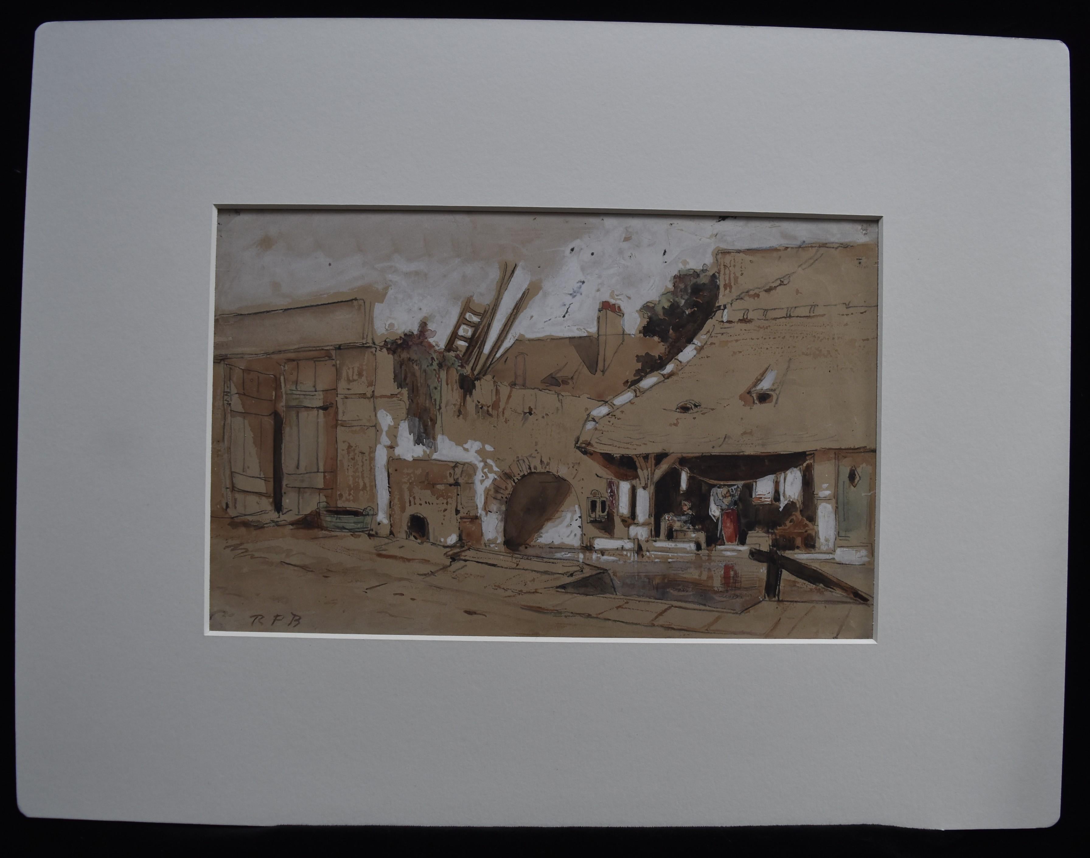 French School 19th century, Le Lavoir (The washing place), watercolor on paper, - Art by Unknown