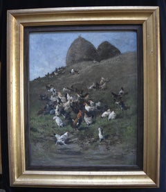 Alexandre Defaux (1826-1900) Hens and roosters in a field, signed, oil on canvas