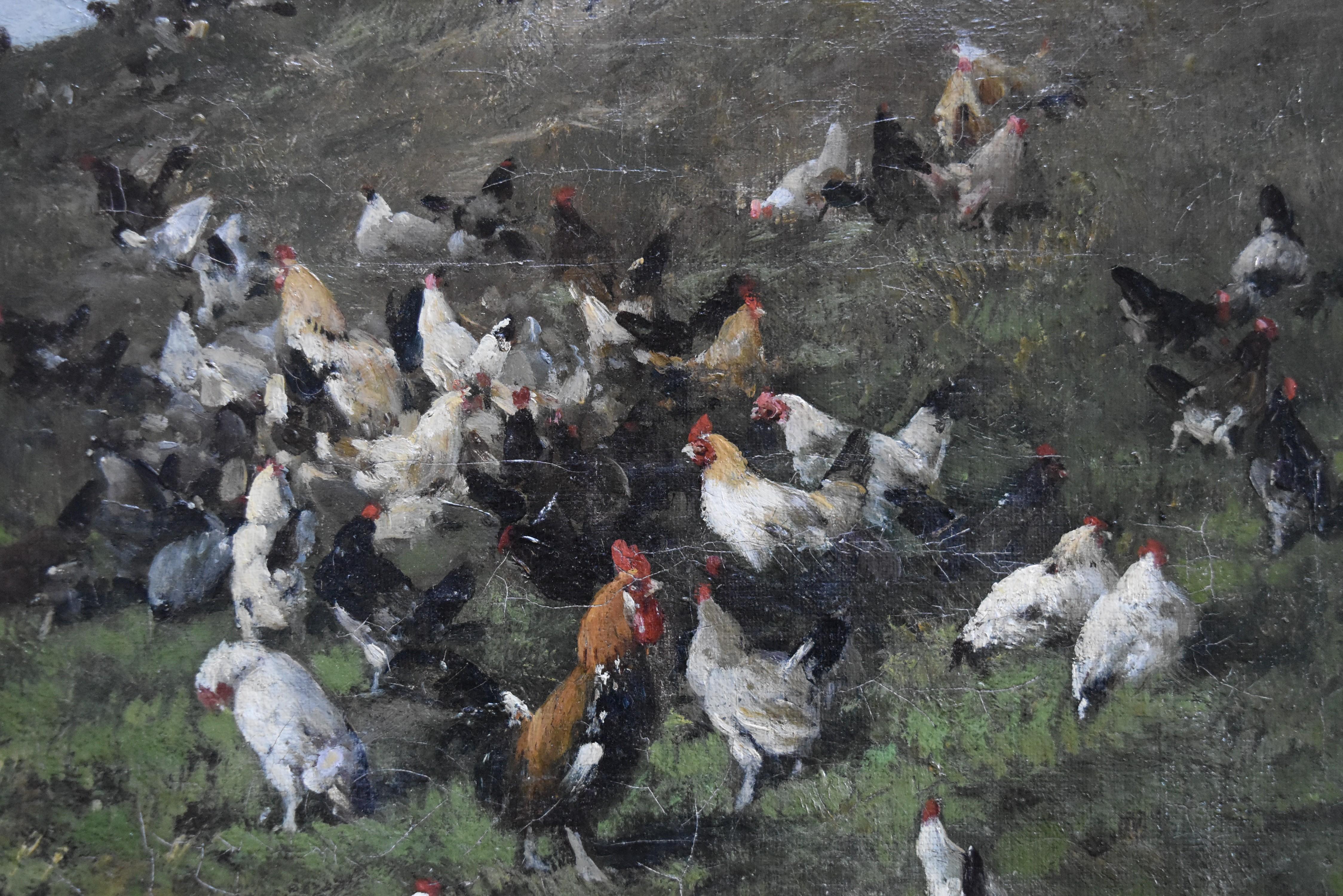 Alexandre Defaux (1826-1900) Hens and roosters in a field, signed, oil on canvas 1
