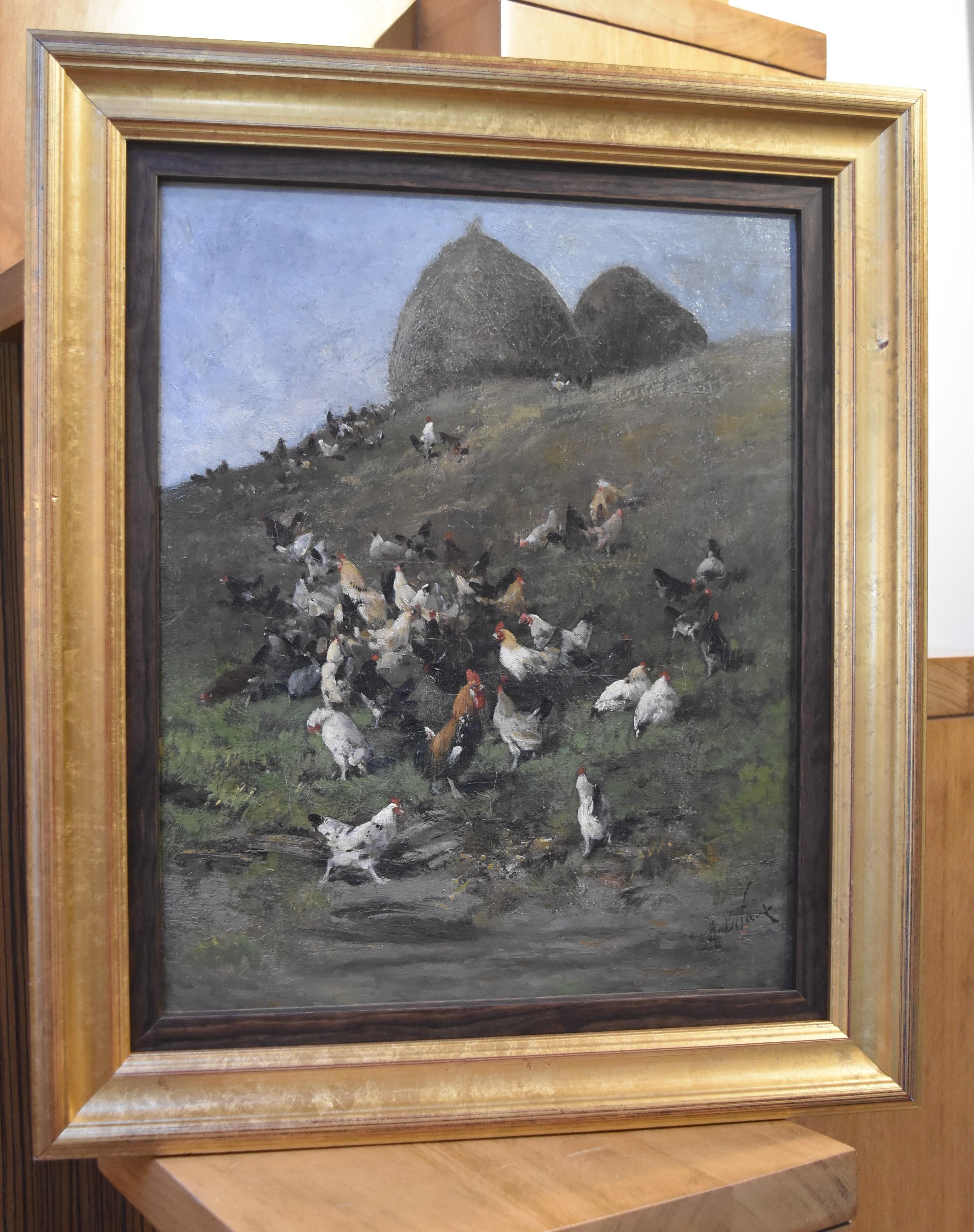 Alexandre Defaux (1826-1900) Hens and roosters in a field, signed, oil on canvas 4