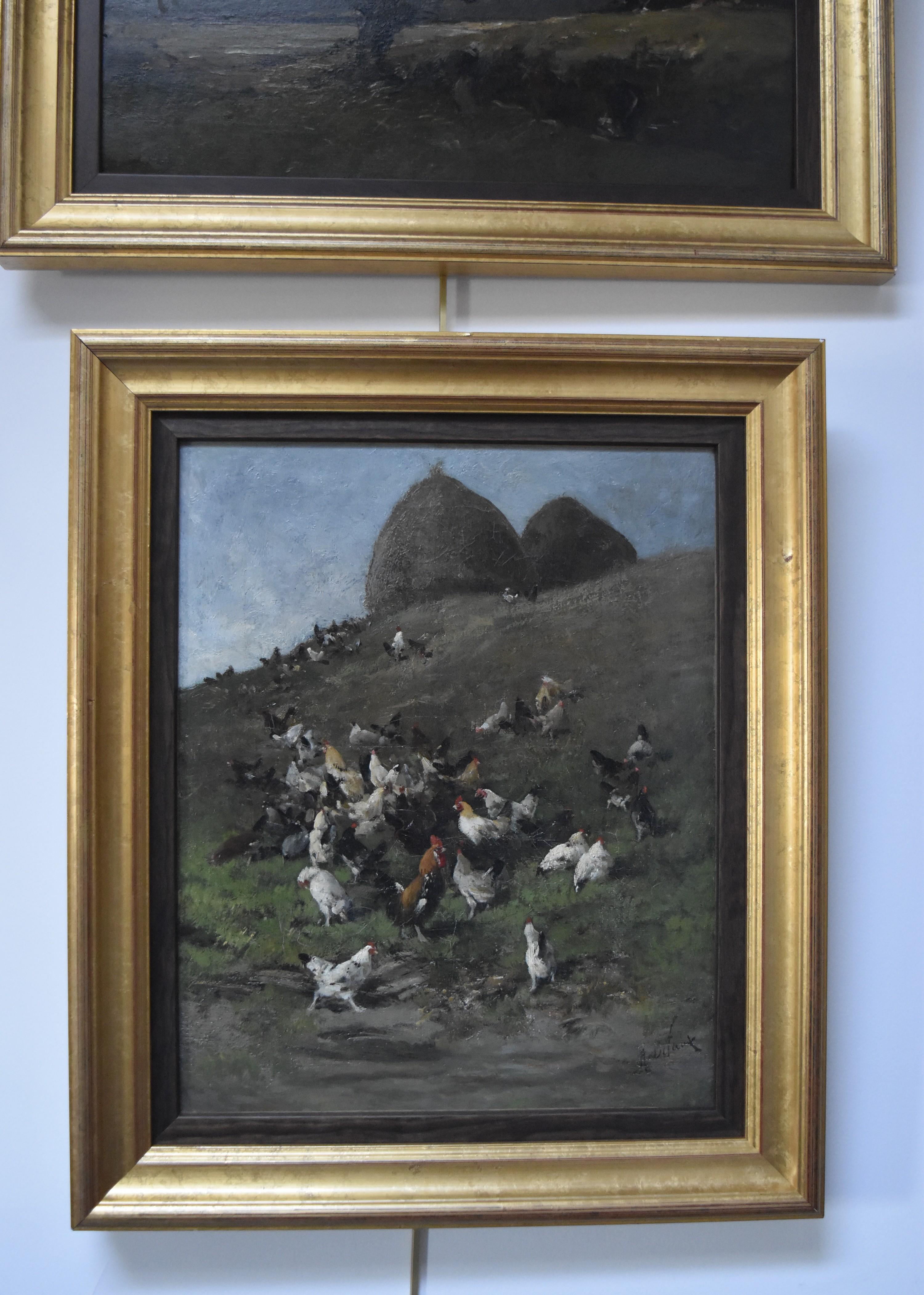 Alexandre Defaux (1826-1900) Hens and roosters in a field, signed, oil on canvas 5