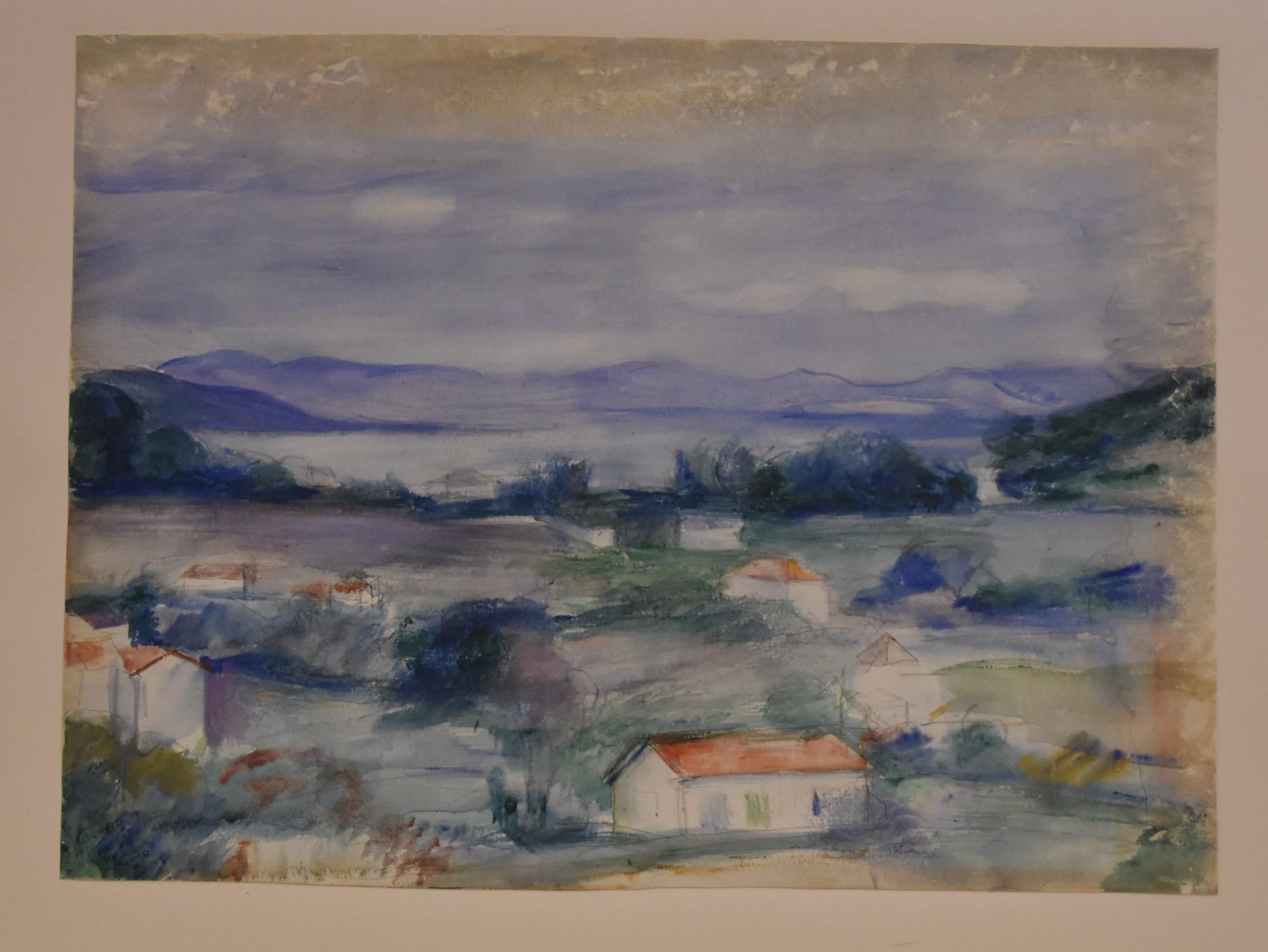 Attributed to Henri Ottmann (1877-1927) 
A Provence landscape, 
watercolor on paper
24 x 32 cm (view)
In a modern frame  : 45 x 55.5 cm

When unframed it appears the work is larger (see the third photograph please). It's in fact cropped by the