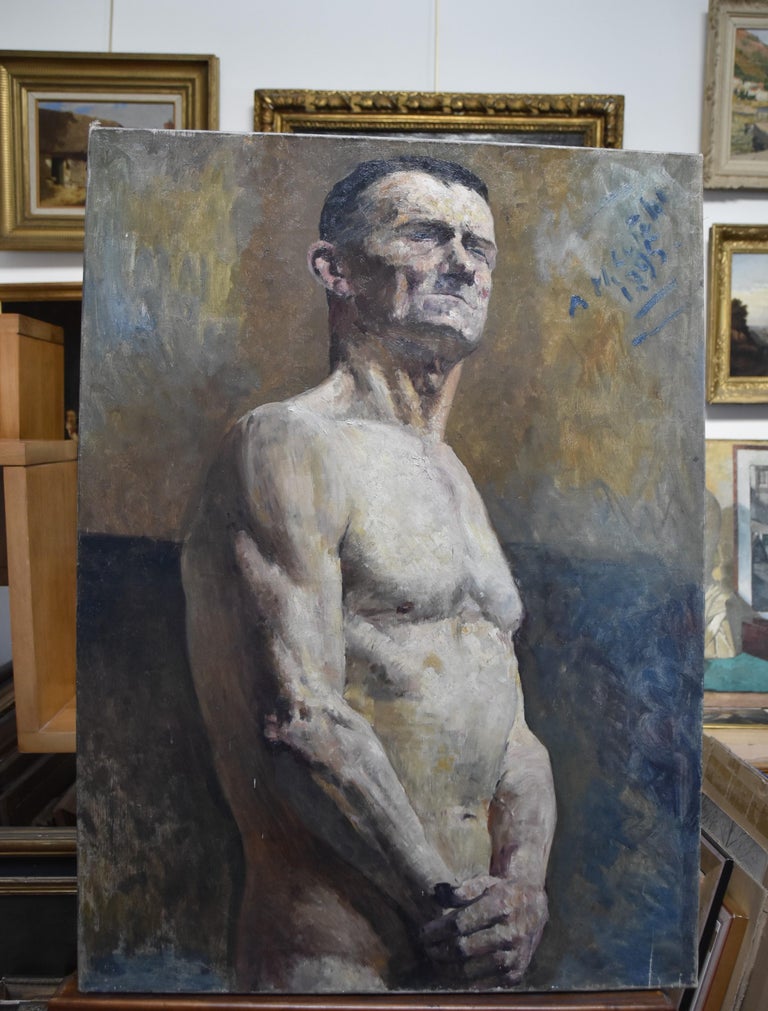 Alfred Marie Le Petit (1876-1953) Académie, a man half naked 1925, oil on canvas - Gray Figurative Painting by Alfred Marie Le Petit 