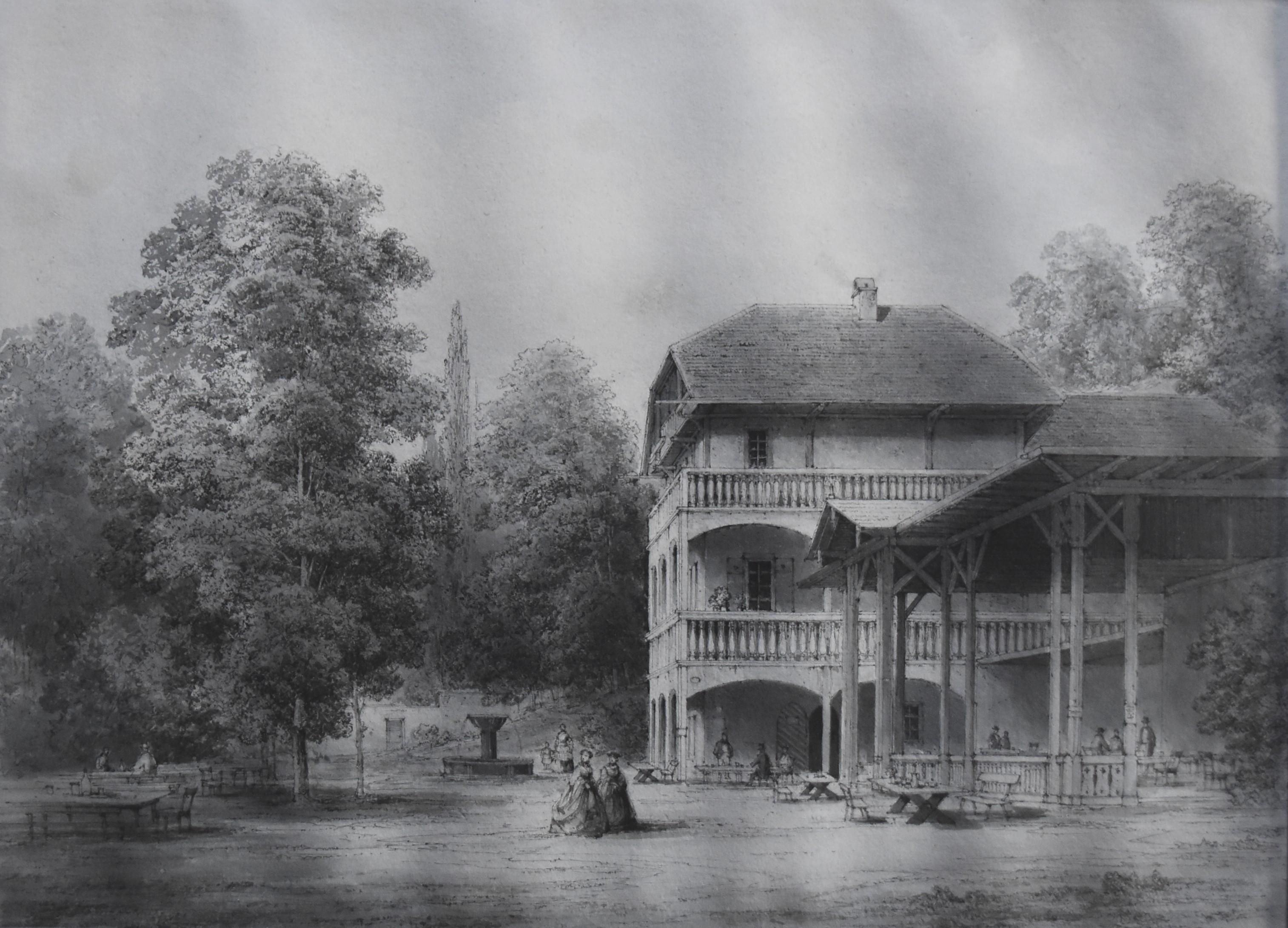 Unknown Figurative Art - 19th Century Romantic school, A Pavilion in a garden, original drawing