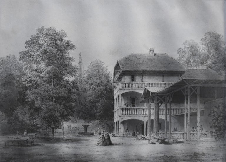 19th Century Romantic school, A Pavilion in a garden, original drawing - Gray Figurative Art by Unknown
