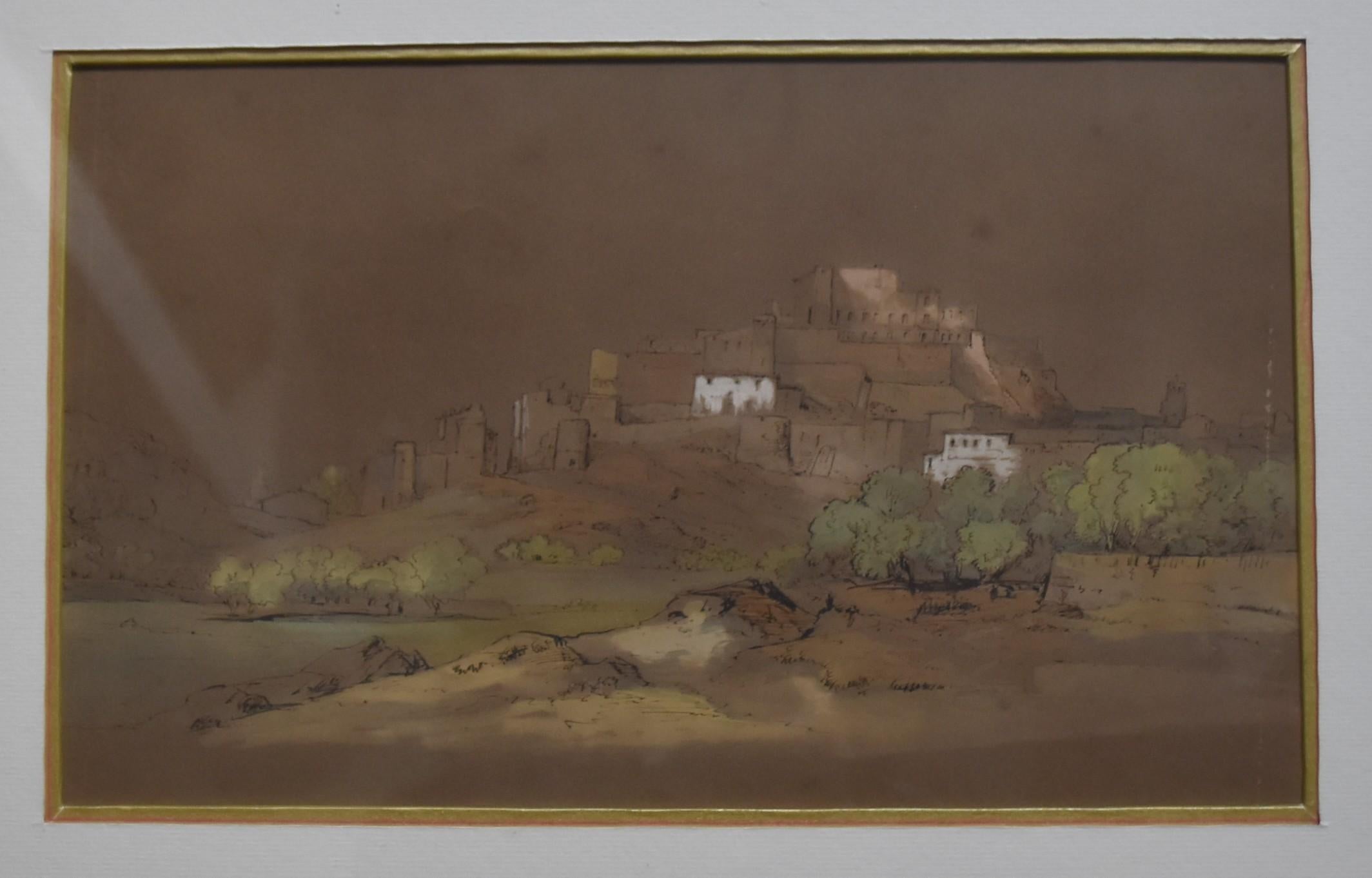 French Romantic school, View of a citadel, pen and watercolor - Brown Landscape Art by Unknown