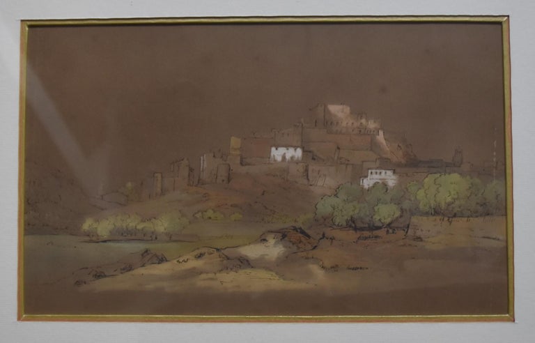 French Romantic school, 19th century
View of a citadel
Pen and ink, watercolor and heightenings of white gouache on brown paper
18 x 29.5 cm
In good condition, some stains and traces of rubbings on the right border (see photographs please)
In a nice