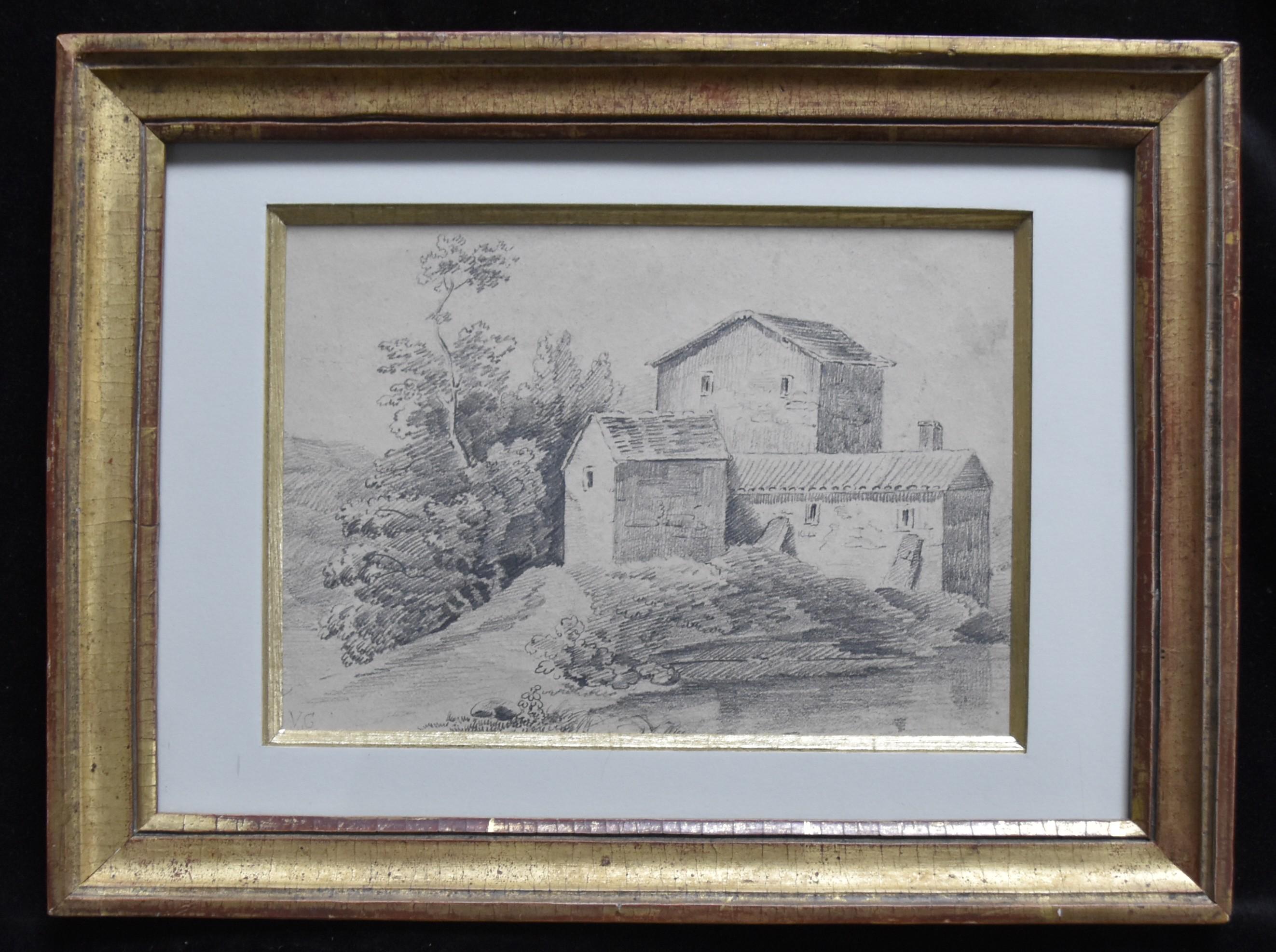 Unknown Landscape Art - French school 19th Century, Landscape with a farm, drawing signed with monogram